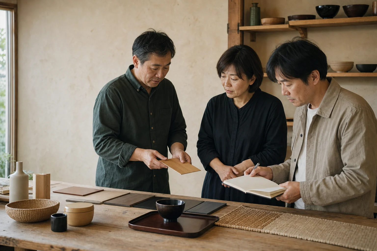家庭用品の試作品や素材を机に並べ、会社の担当者とホームページの見せ方を話し合う様子