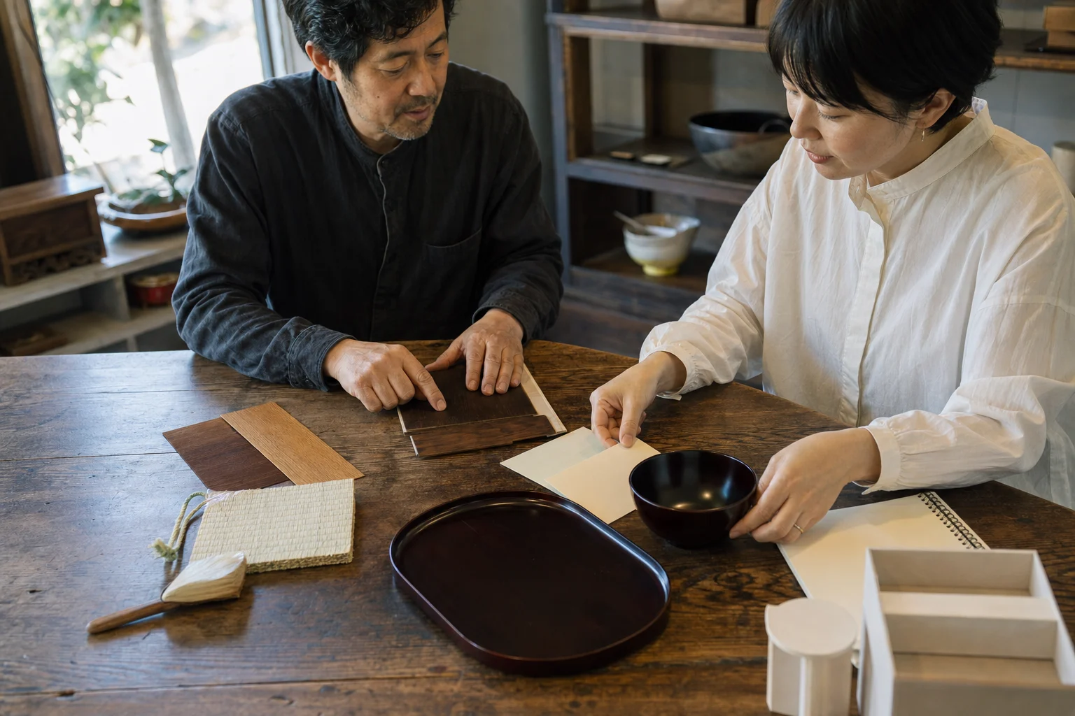製品の使い方と取引先からよく聞かれることを確認しながら掲載内容を整理する様子