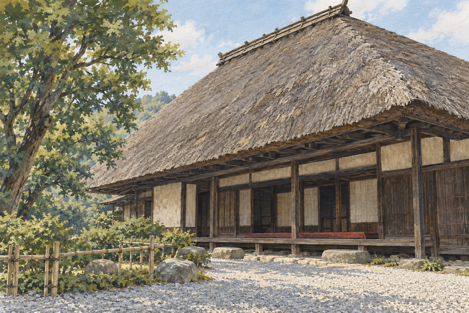 開成町のあしがり郷瀬戸屋敷をモチーフに、大きな茅葺き屋根と木の柱、砂利の庭と木立を斜めから描いた創作イラスト。建物や庭の細部・配置は創作と簡略化を含み、現在の建物や利用状況を示す写真ではありません