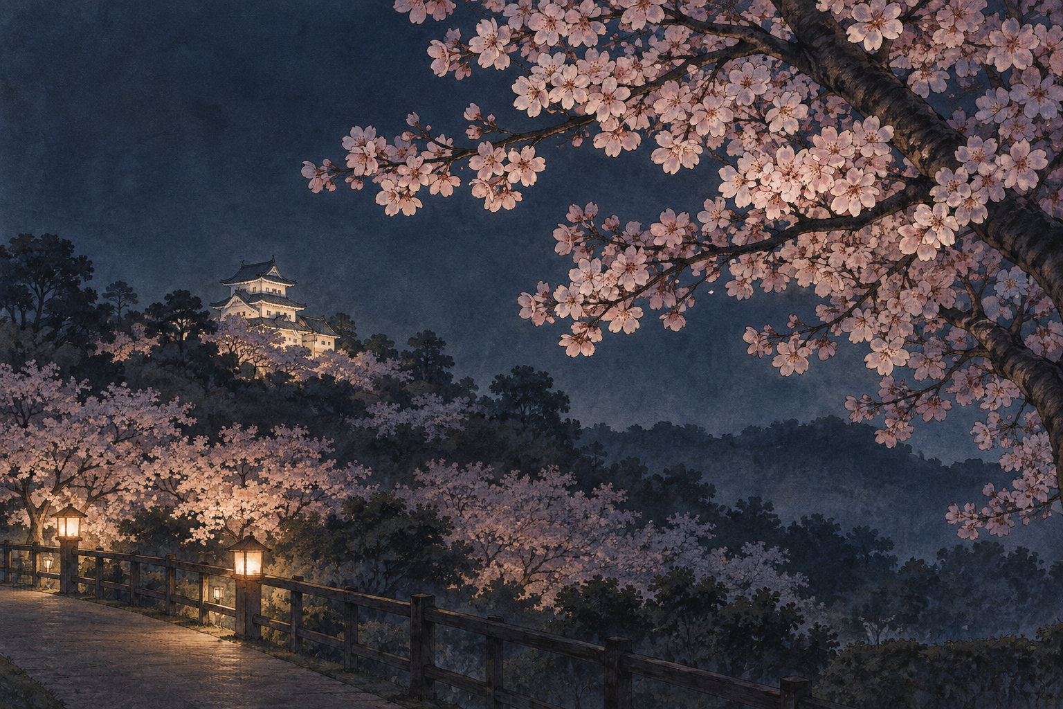 静岡県公式の掛川城公園の夜桜の写真をモチーフに、花の枝と奥に小さく見える白い天守、道の灯りを別構図で描いた創作イラスト。建物や道の正確な配置、現在の開花や点灯・通行の状態を示す写真ではありません