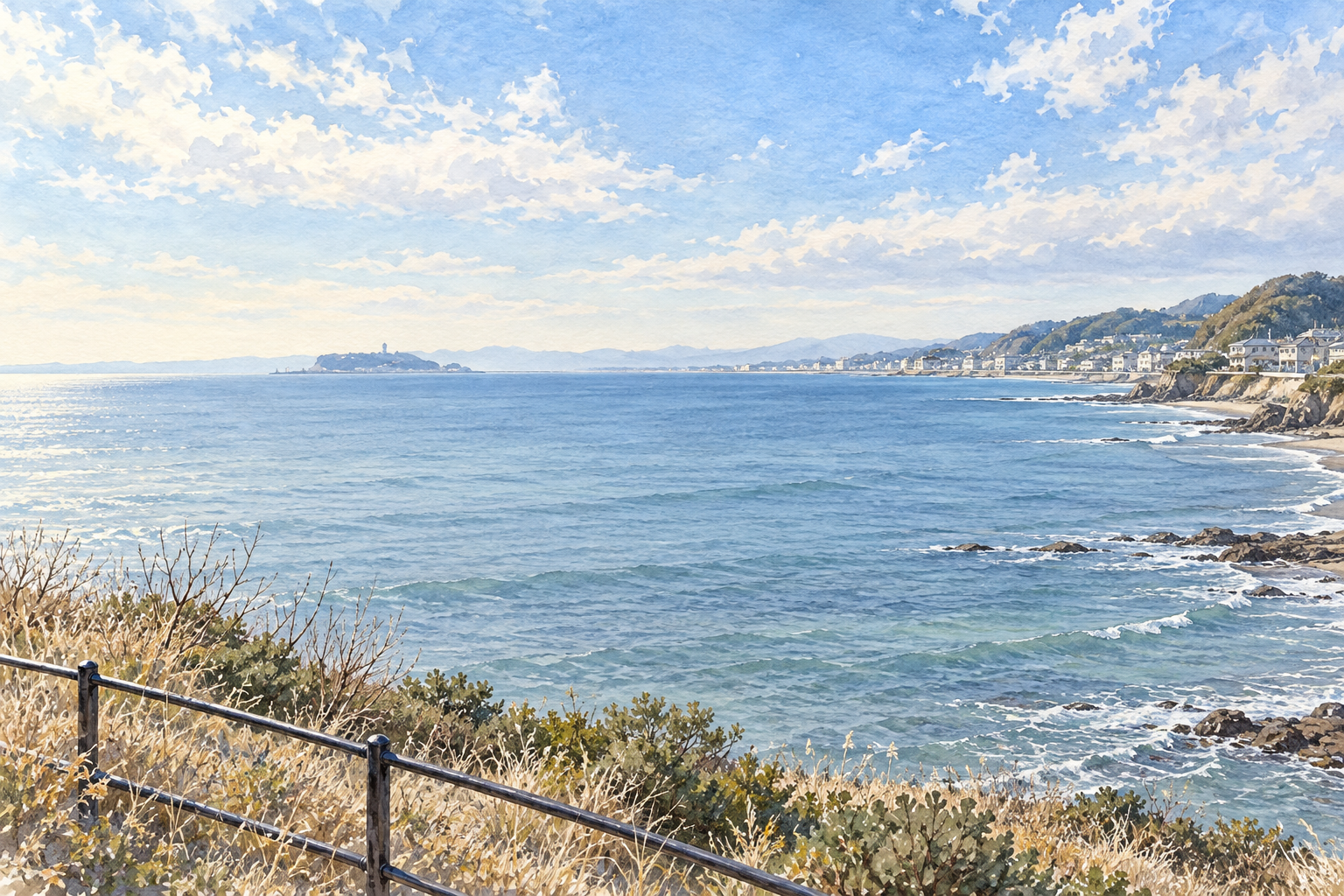 鎌倉市の稲村ガ崎をモチーフに、低い植え込みと柵の先に広がる海、遠い江の島の輪郭と海沿いの街を描いた創作イラスト。現在の地形や施設配置、通行・天候を示す写真ではありません