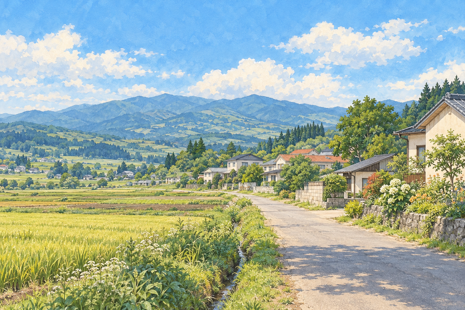 加美町をイメージした、日常のお店や家々、田畑と小さな庭の草花、遠くの山のふもとが広がる架空の町のイラスト