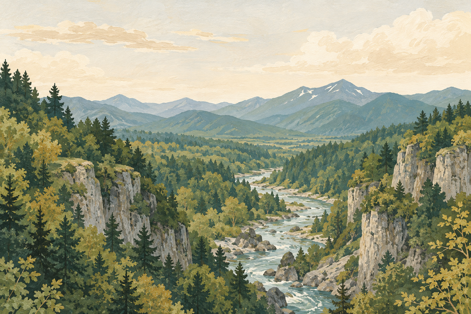 森林と峡谷、遠くの山並みを描いた、上川町をイメージするイラスト