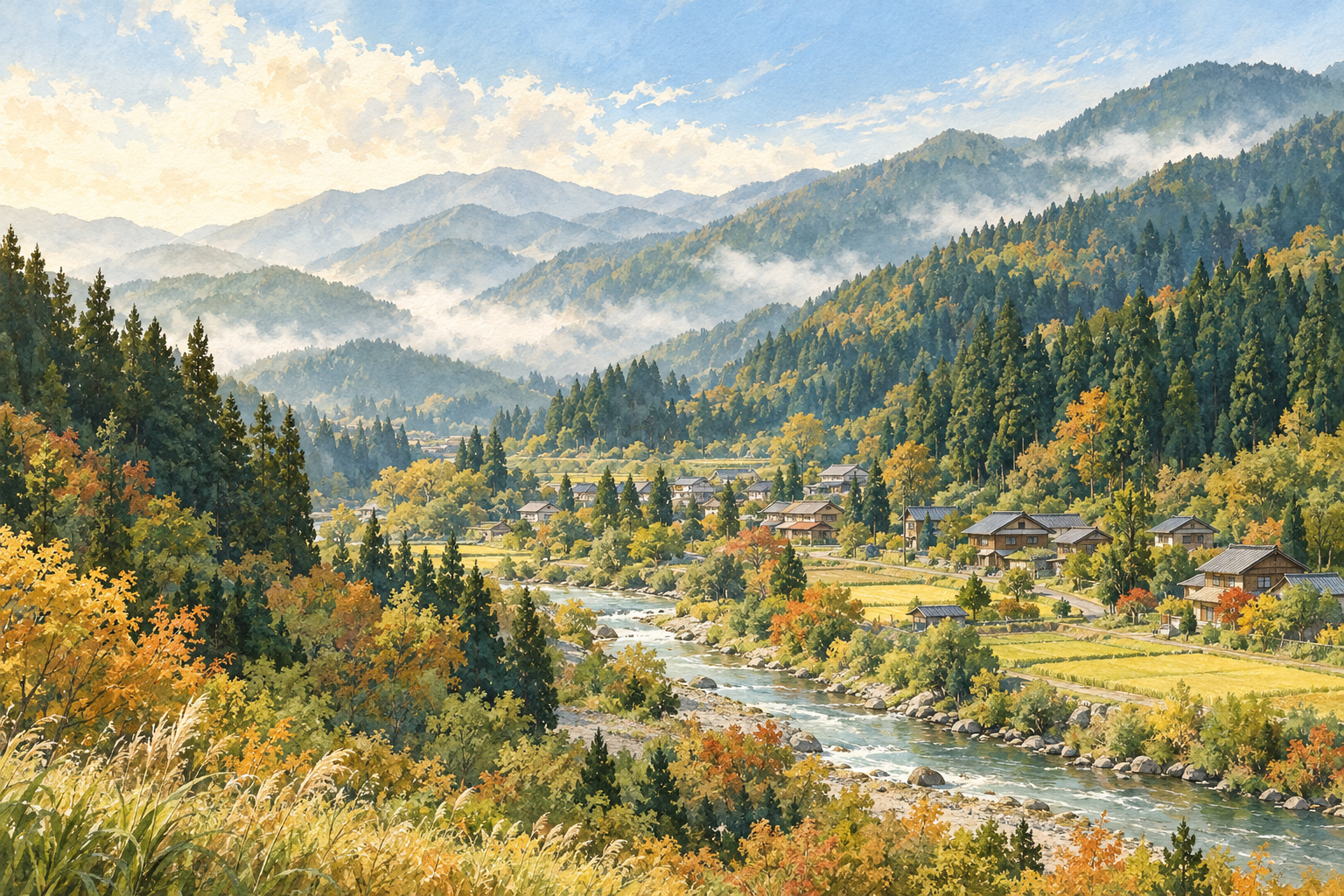 上小阿仁村の森と川、田畑や集落をイメージした創作イラスト。実在の道の駅や会社、Bämの拠点を描いたものではありません。