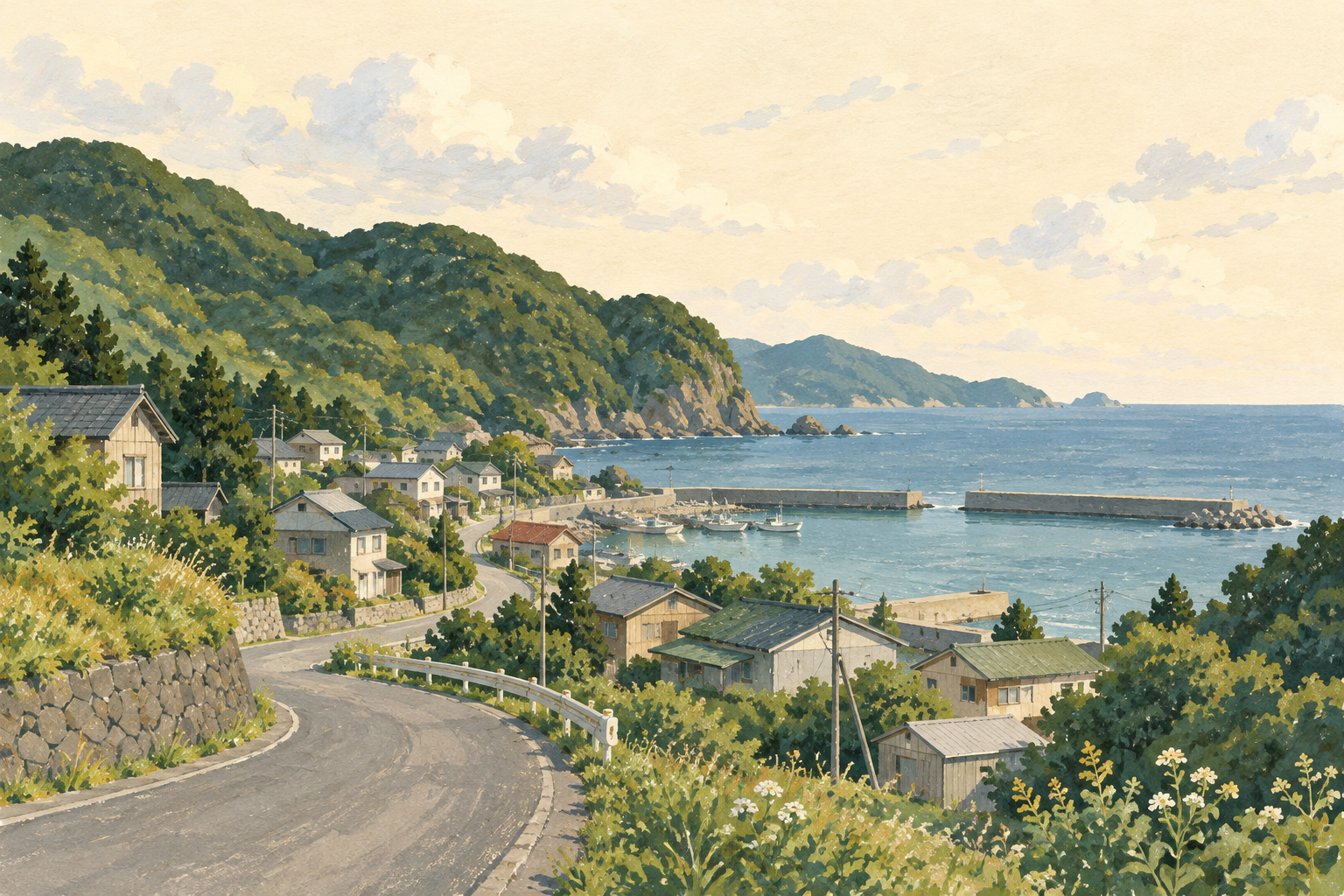 海辺の小さな集落と緑の山を描いた、神恵内村をイメージしたイラスト