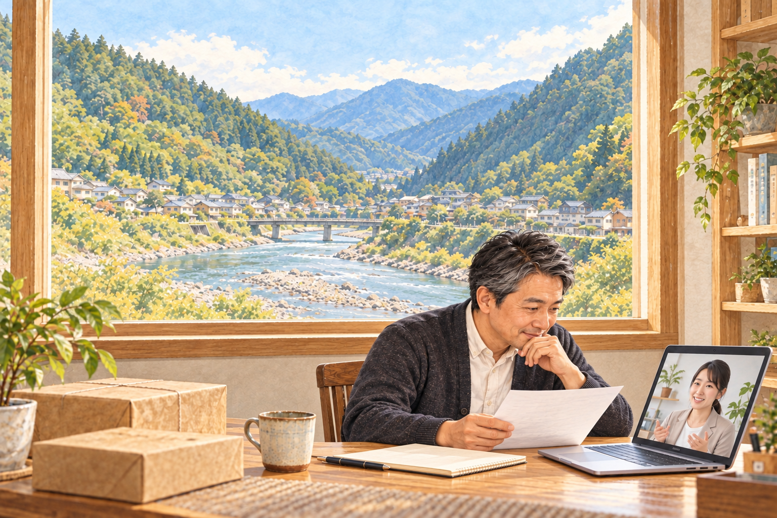 神流町らしい山あいを流れる川と沿道の家やお店を背景に、男性の事業者が資料を見ながらWeb相談する創作イラスト。実在の人物・会社・施設や特定の場所の実景、Bämの拠点ではありません。