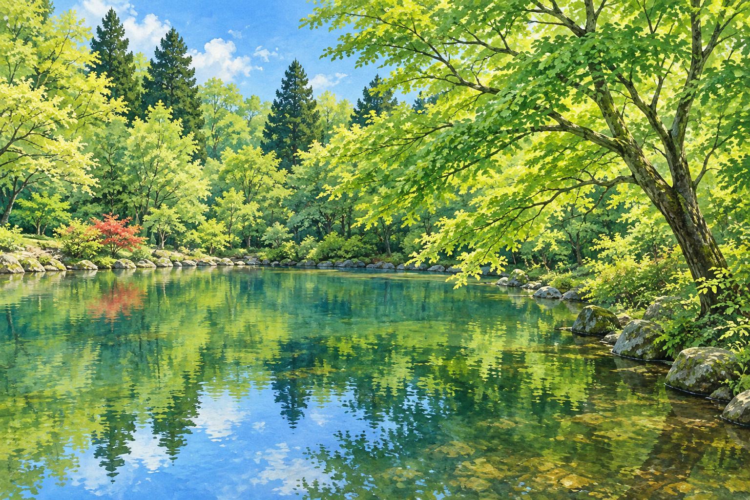 函南町公式の原生の森公園の写真をモチーフに、緑の木々に囲まれた池と水面に映る青空、小さな赤い花の茂みを別構図で描いた創作イラスト。正確な園内の配置や植物種、現在の水質や通行の状態を示す写真ではありません