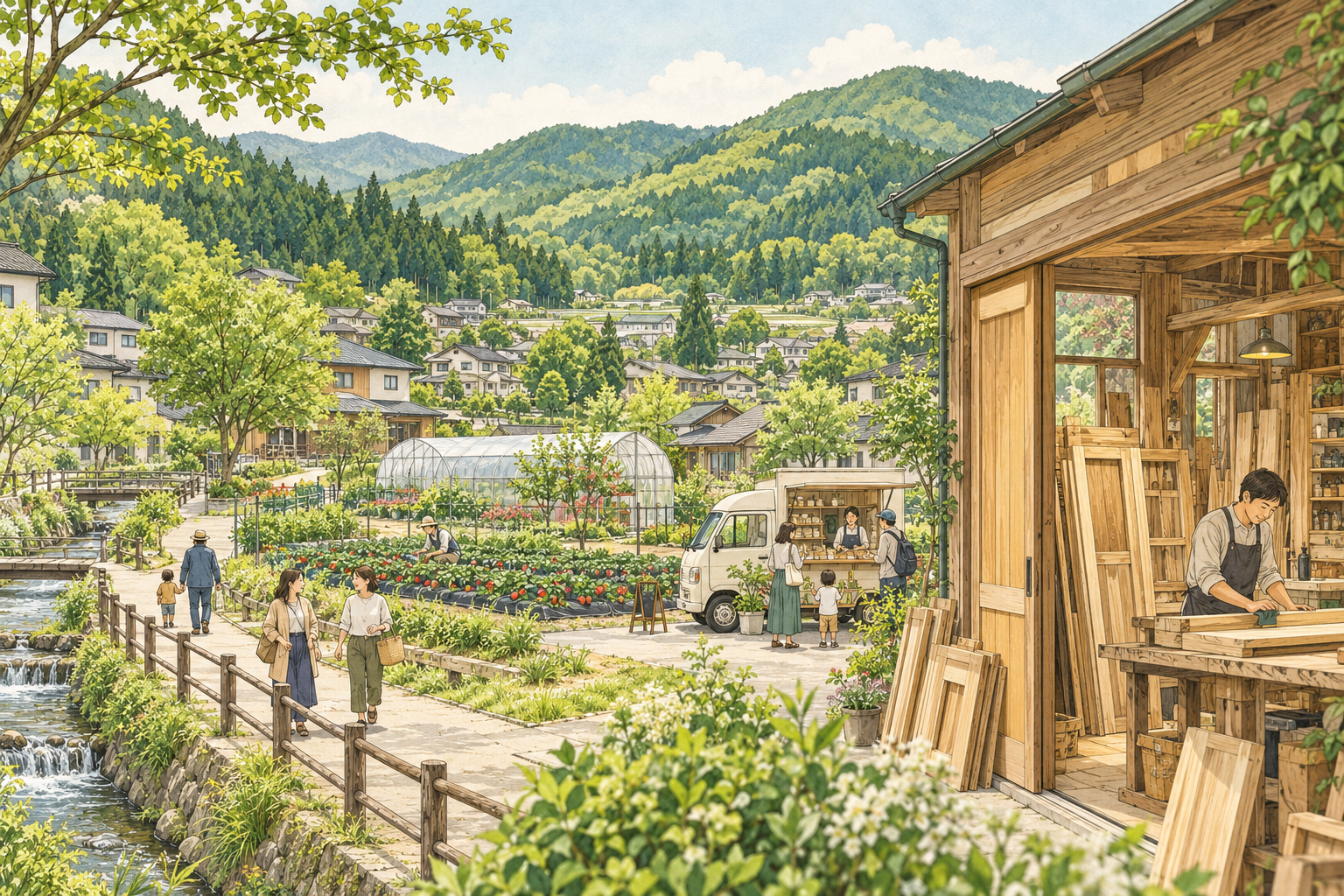 鹿沼市の緑の山並みと木工の工房、いちご畑、小さな移動販売車のある町をイメージした創作イラスト。実在の鱒渕木工所、秋澤いちご園、市役所の実景や、Bämの拠点ではありません。