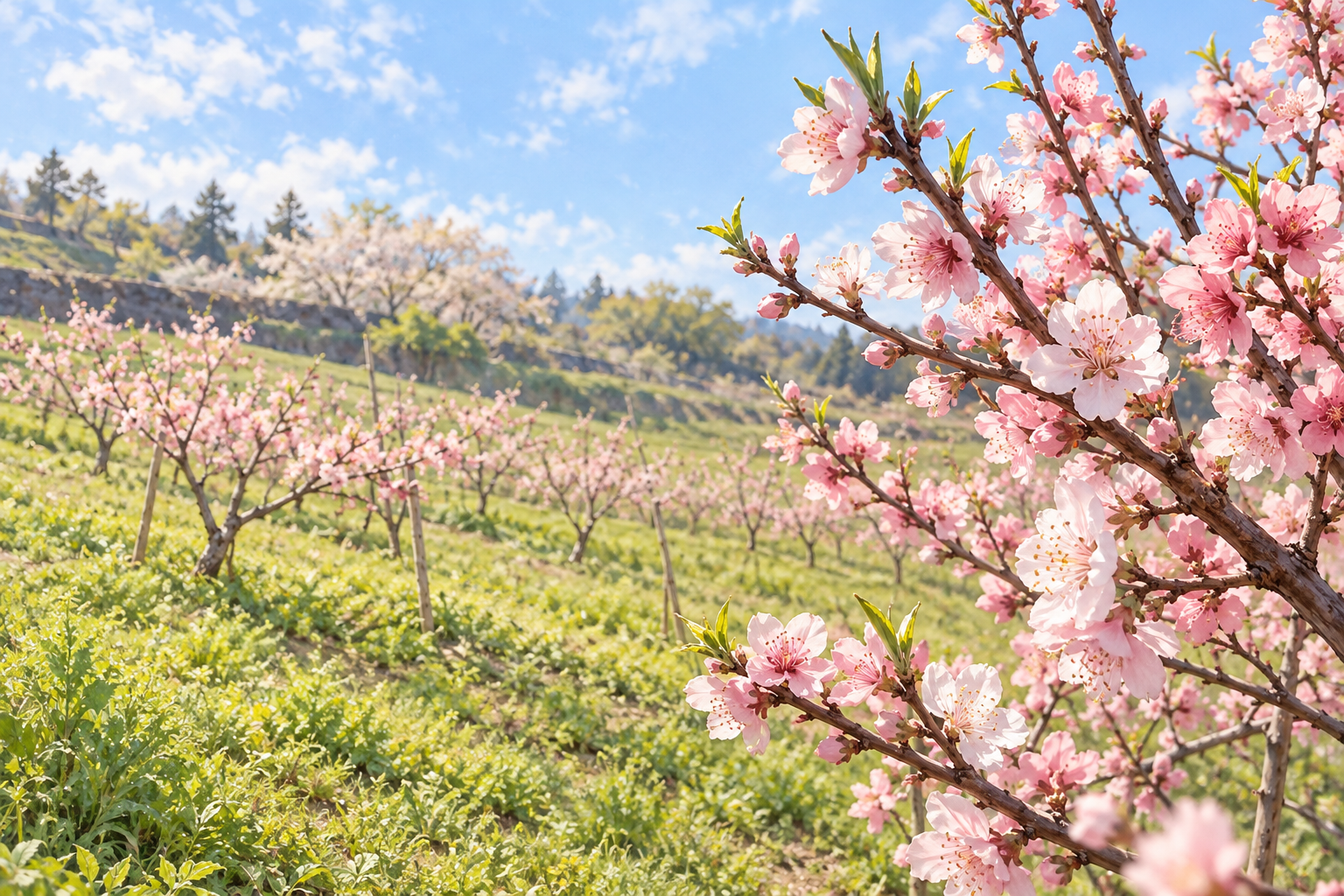 刈羽村の桃の花をモチーフに、淡い桃色の花がつく細い枝と、草地に並ぶ若い木々を描いた創作イラスト。木や花・支柱・斜面・空と配置は創作と簡略化を含み、正確な畑や現在の開花・栽培・立入・安全を示す写真ではありません
