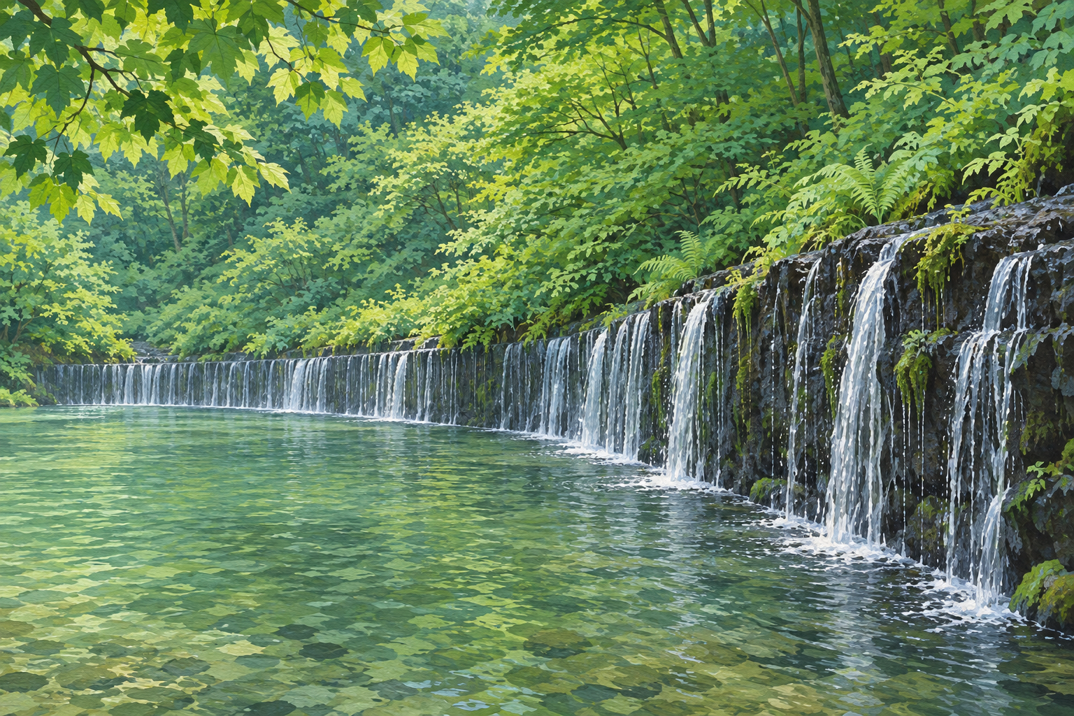 軽井沢町の白糸の滝の景観をモチーフに、緑の森と低い岩壁から幾筋も落ちる水を別構図で描いた創作イラスト。岩や水・樹木の形と配置は創作と簡略化を含み、正確な地形や現在の水量・天候、現地通行の安全を示す写真ではありません