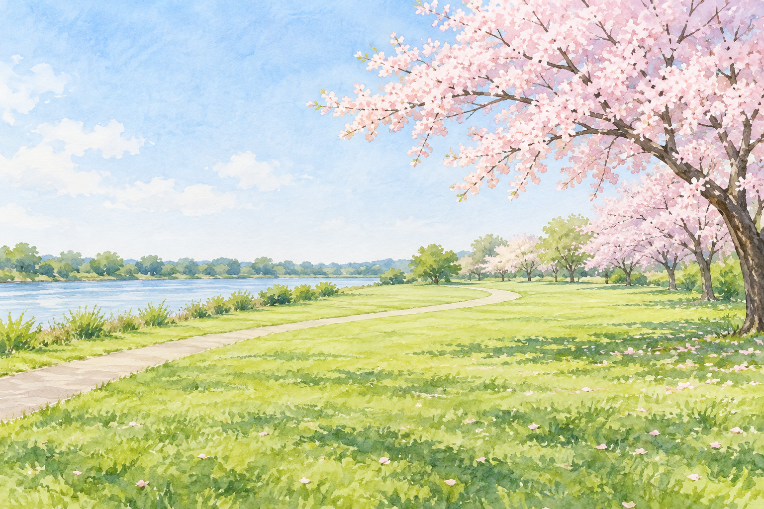笠松みなと公園をモチーフに、広い芝生と淡い遊歩道、右に広がる桜の枝、左奥の静かな水辺を描いた笠松町の創作イラスト