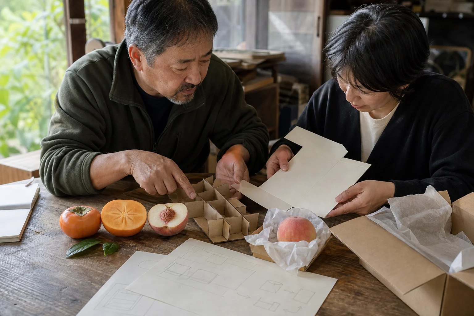 果物の品種、梱包、発送方法を資料と実物で確認しながら掲載内容を整理する様子