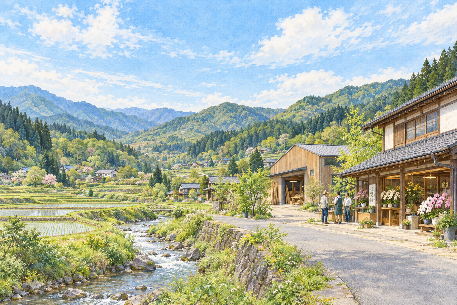 福島県葛尾村の緑の山々に囲まれた田畑と、店や仕事場のある日常をイメージした創作イラスト。実在の温室・電力施設・交流館・道路の実景や、Bämの拠点ではありません。