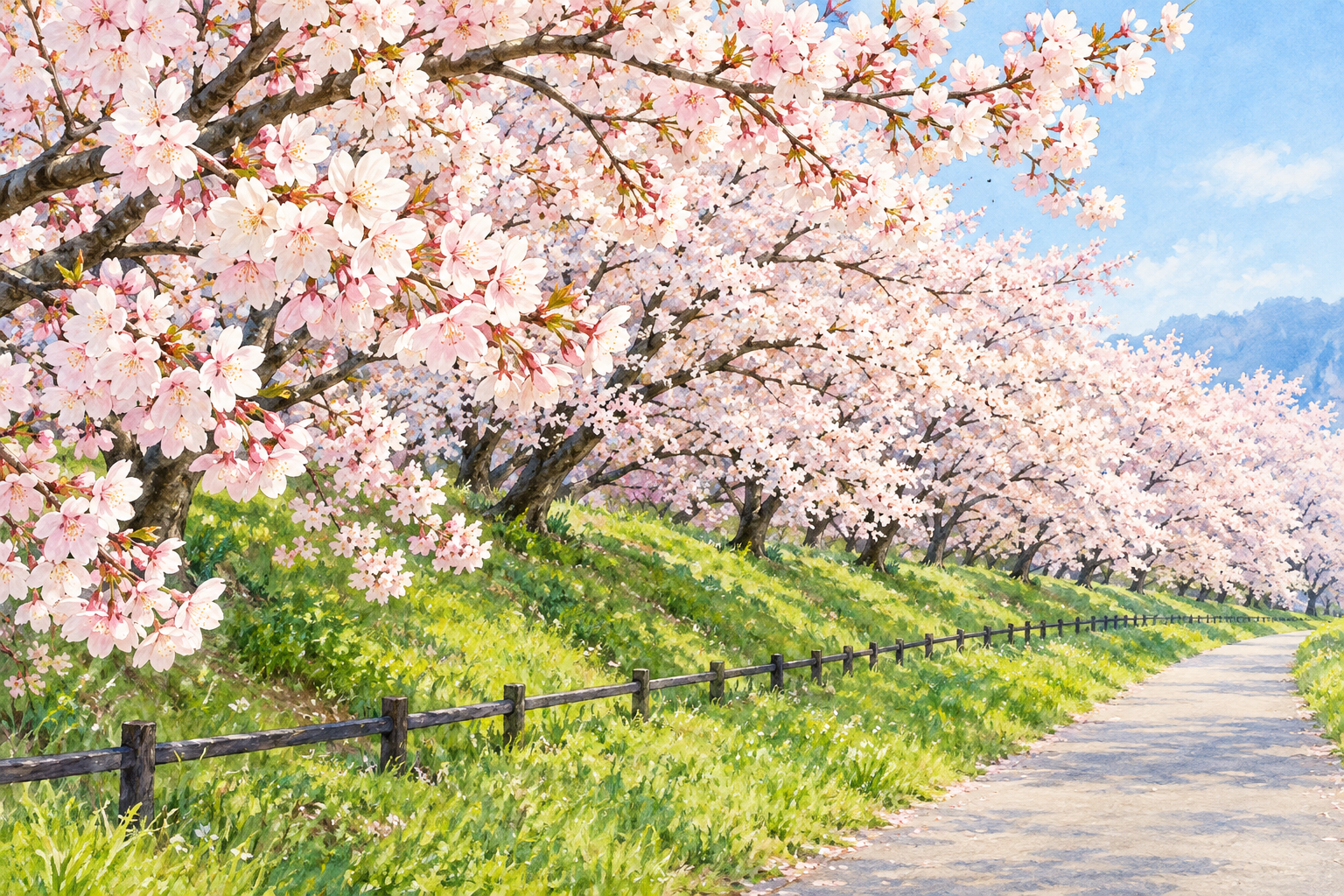 勝山市公式の弁天桜写真をモチーフに、斜面の桜並木と緑、道沿いの低い柵を描く春の創作イラスト。樹木や道・柵の形と配置は創作と簡略化を含み、現在の開花や通行・駐車状況を示す写真ではありません