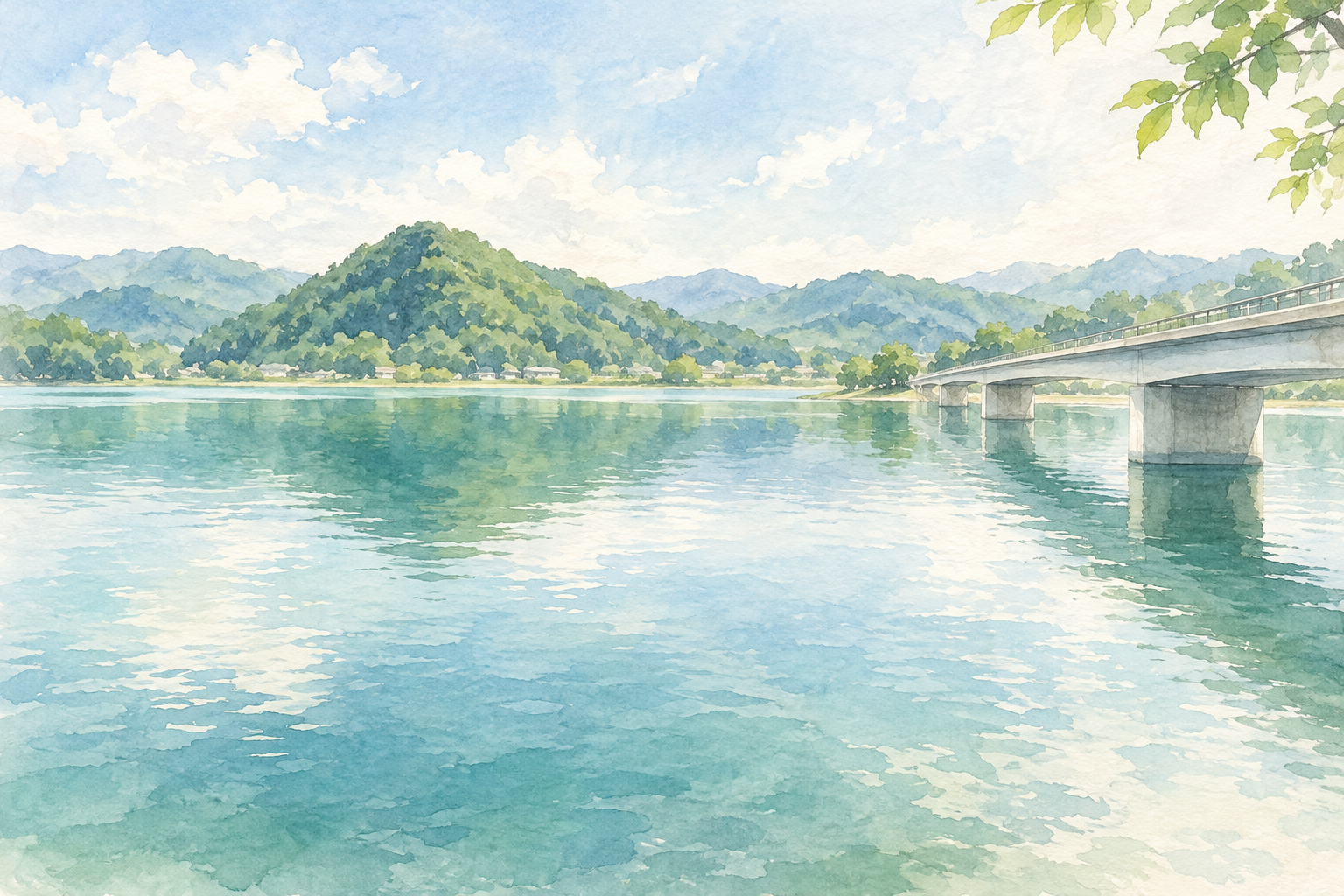 川辺町の川辺ダム湖と東光寺公園からの眺めをモチーフに、静かな水面、小さな緑の山、右から伸びる橋を描いた創作イラスト