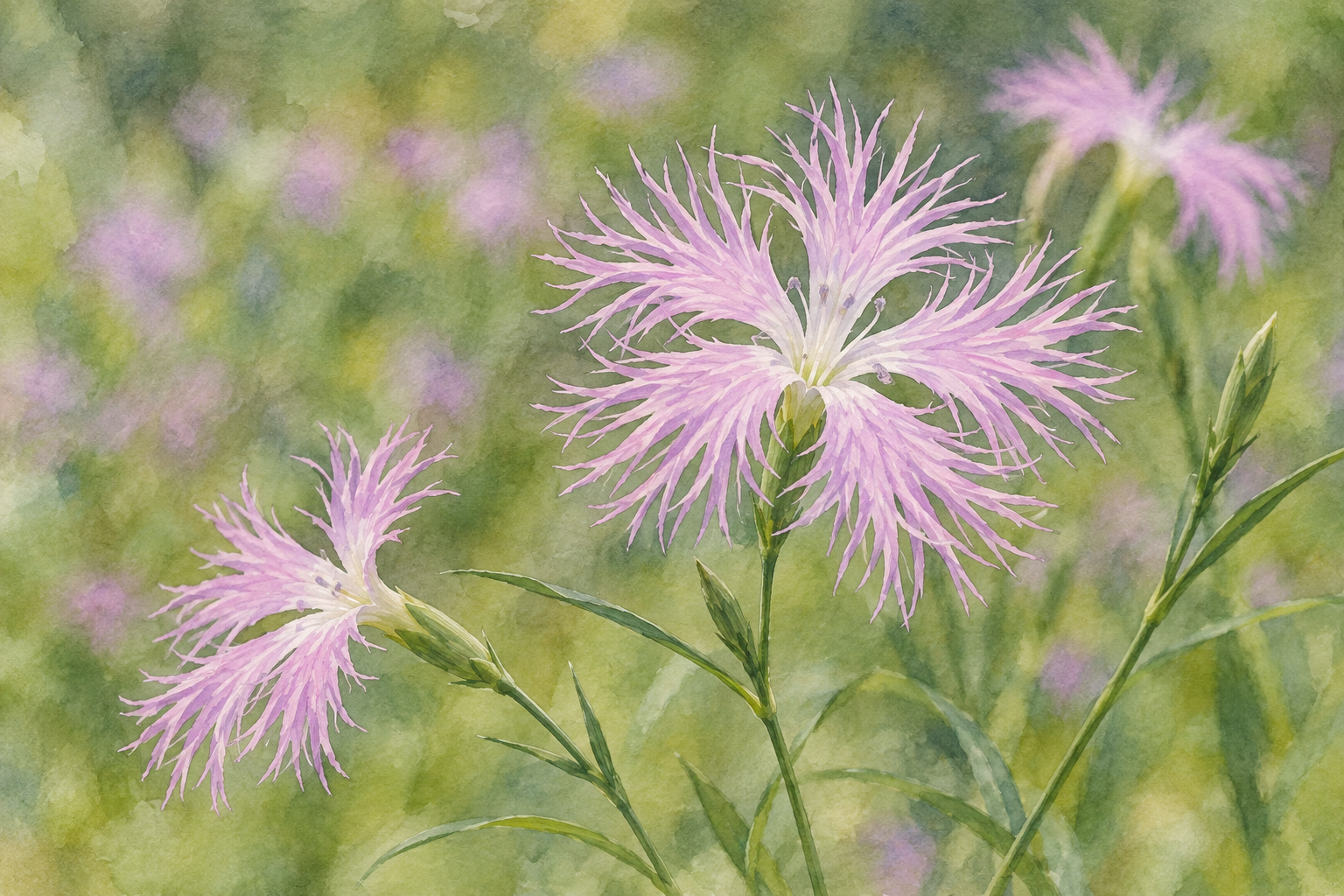 川北町公式のカワラナデシコの写真をモチーフに、細く裂けた淡い桃紫色の花びらと緑の茎・葉を描いた創作イラスト。花の形や大きさ・茎・背景・光・配置は創作と簡略化を含み、正確な植物図や現在の開花・分布・季節・観覧や立入・安全を示す写真ではありません