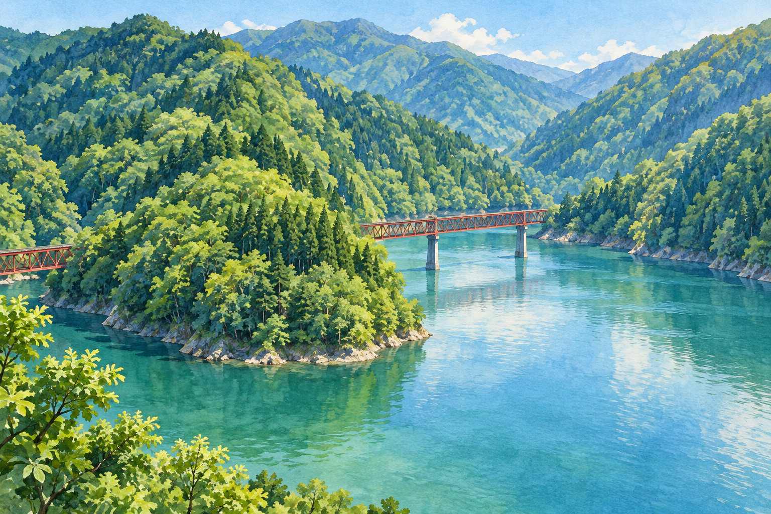 川根本町観光協会の奥大井湖上駅の写真を手がかりに、緑の山々と湖、木々に覆われた半島、細い赤い鉄橋を別構図で描いた創作イラスト