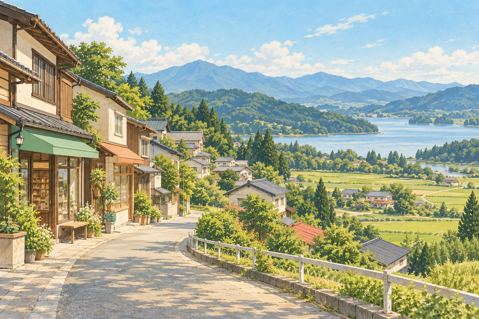 宮城県川崎町をイメージした、日常のお店や家々、田畑の向こうに湖と緑の山並みが広がる架空の町のイラスト