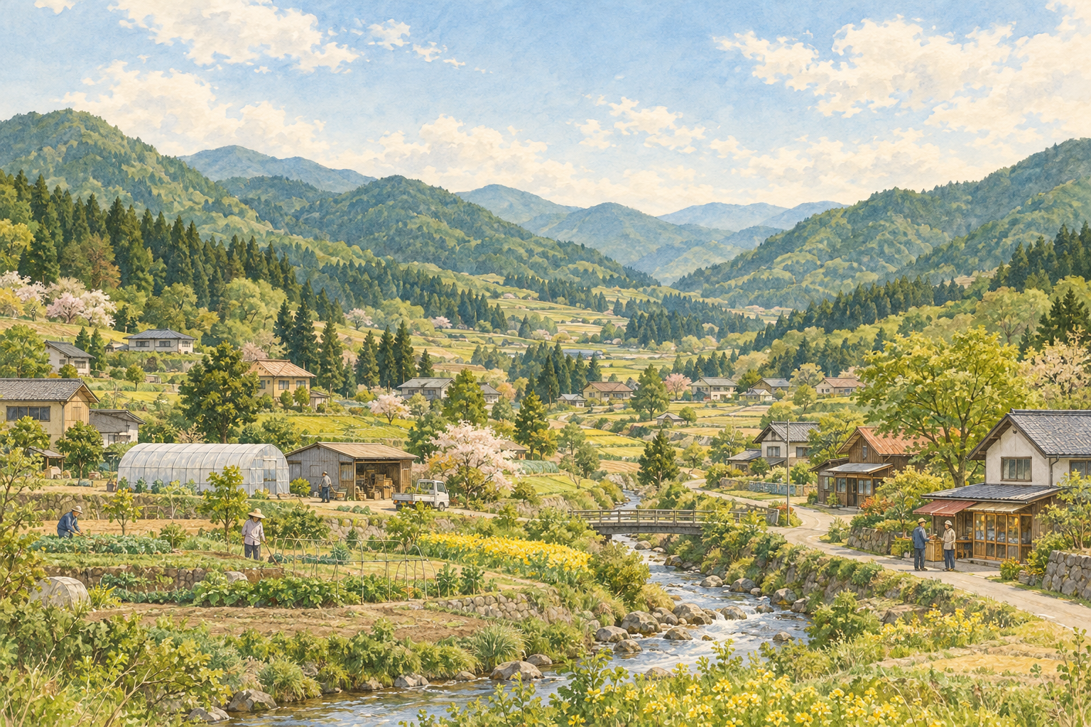 福島県川内村の阿武隈高地の緑の山並みと、田畑や現代の会社・お店のある暮らしをイメージした創作イラスト。実在の植物工場・ワイナリー・施設・道路の実景や、Bämの拠点ではありません。