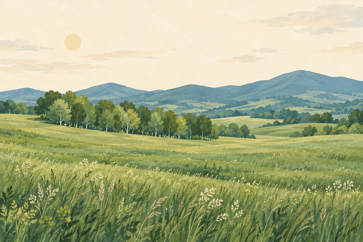 草地と木立、遠くの山々を描いた、剣淵町をイメージするイラスト