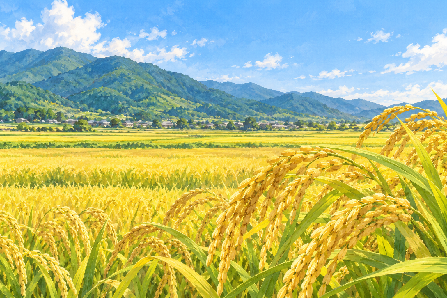 木島平村紹介の田園風景をモチーフに、近くの黄金色の稲穂と、奥の緑の山並みを別構図で描いた創作イラスト