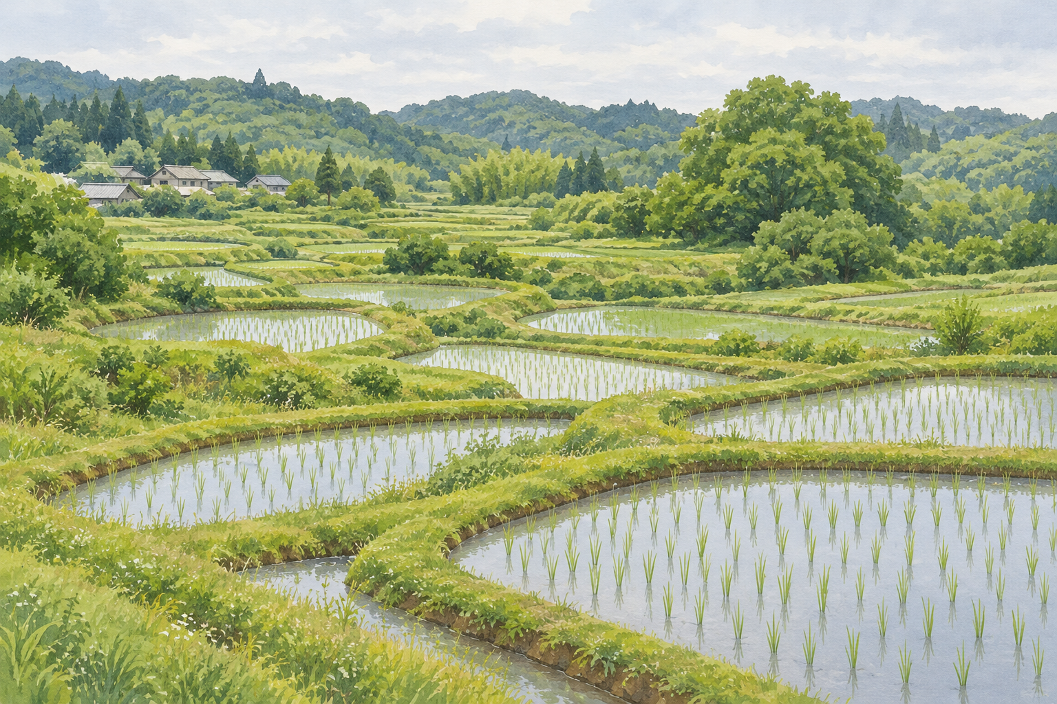 静岡県公式の菊川市・上倉沢の棚田の写真をモチーフに、草のあぜで区切られた小さな水田と緑の苗、奥の低い丘を別構図で描いた創作イラスト。田や道の正確な配置、現在の栽培や見学・通行の状態を示す写真ではありません