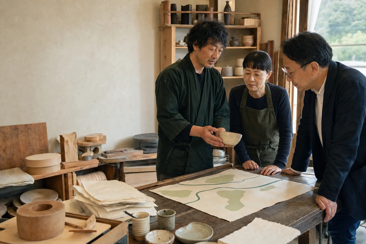 手仕事の商品と地域の地図を囲み、事業者と制作担当者が町外の人へ伝える内容を相談する様子