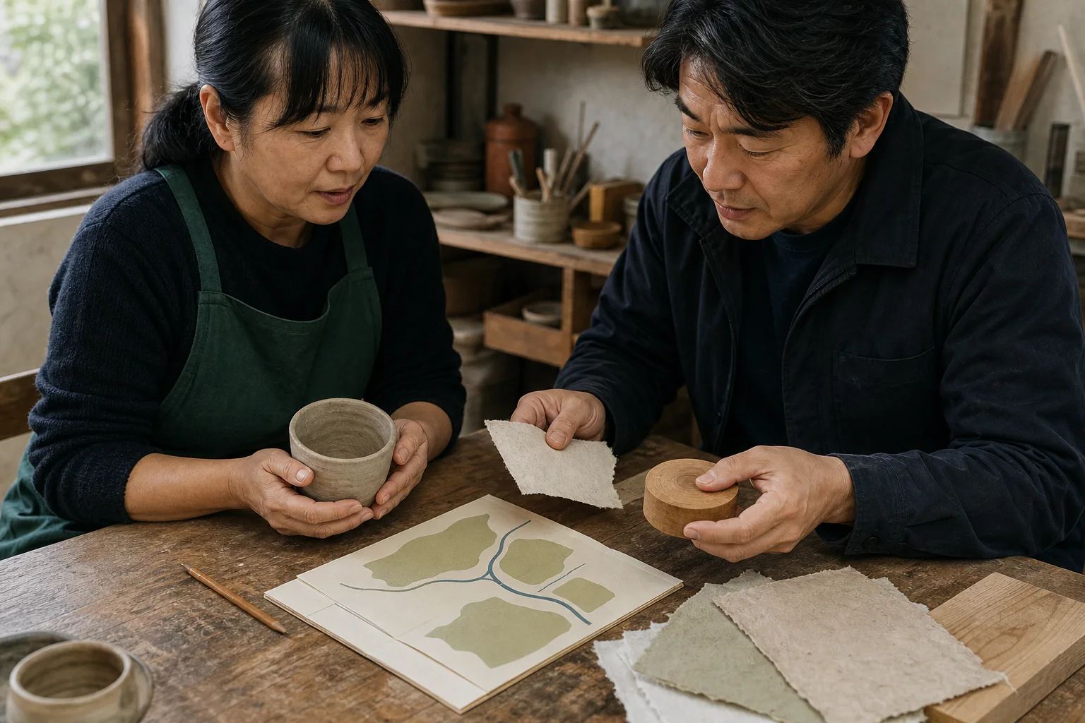工房や店舗で商品と仕事を見ながら、来訪や購入に必要な情報を整理する様子