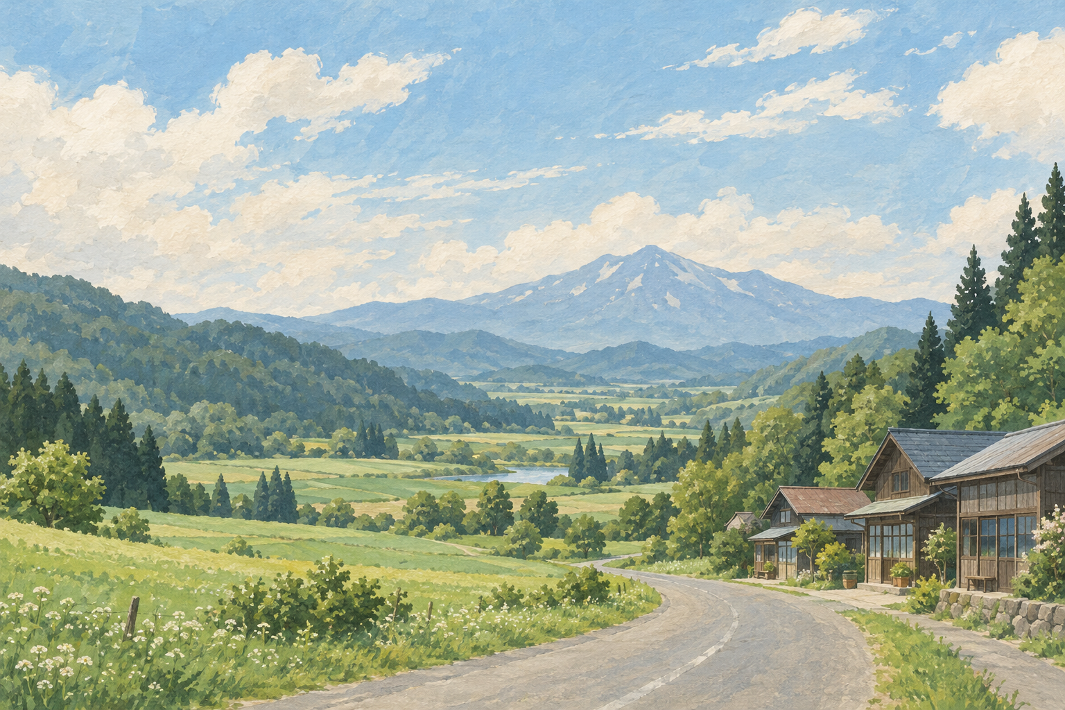 喜茂別町の雰囲気をイメージした、山あいの道と小さなお店のイラスト