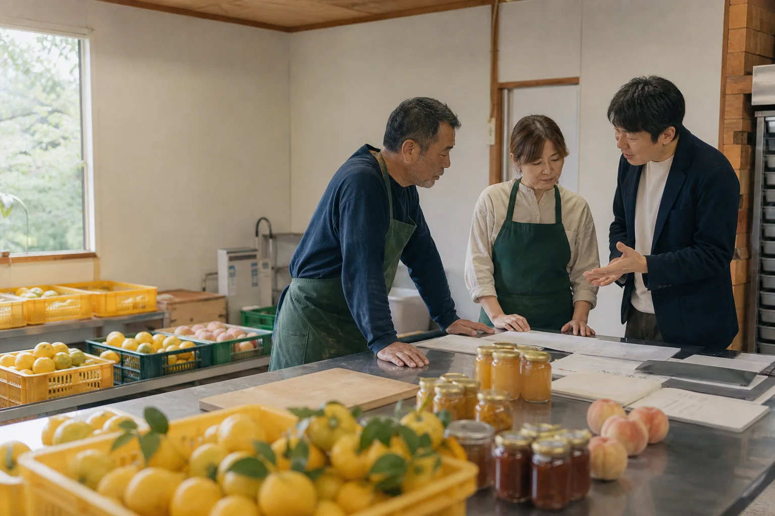 果物と商品パッケージ、会社案内を並べ、事業者と制作担当者が伝え方を相談する様子
