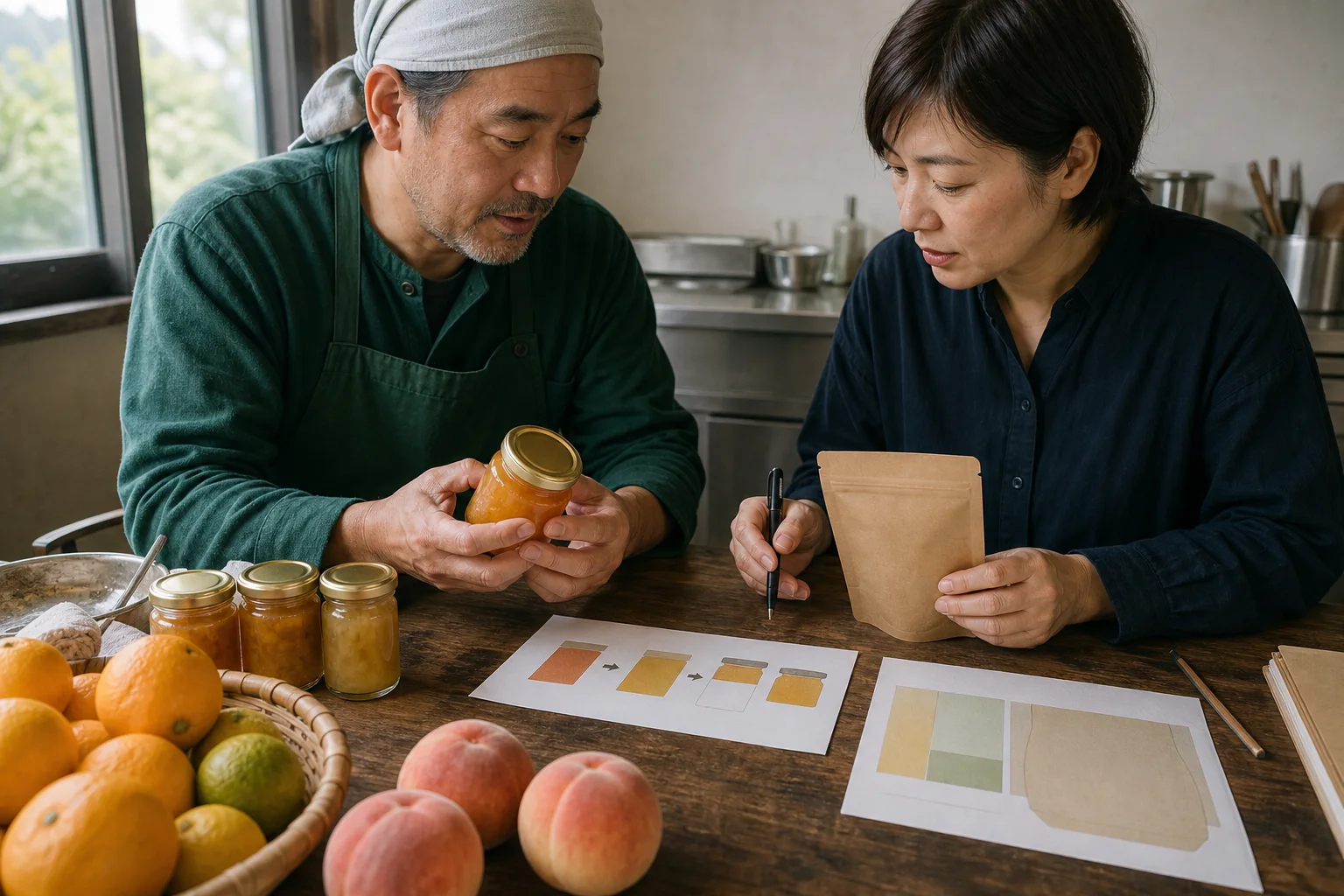 商品と製造現場の資料を見ながら、購入者と取引先に必要な情報を整理する様子
