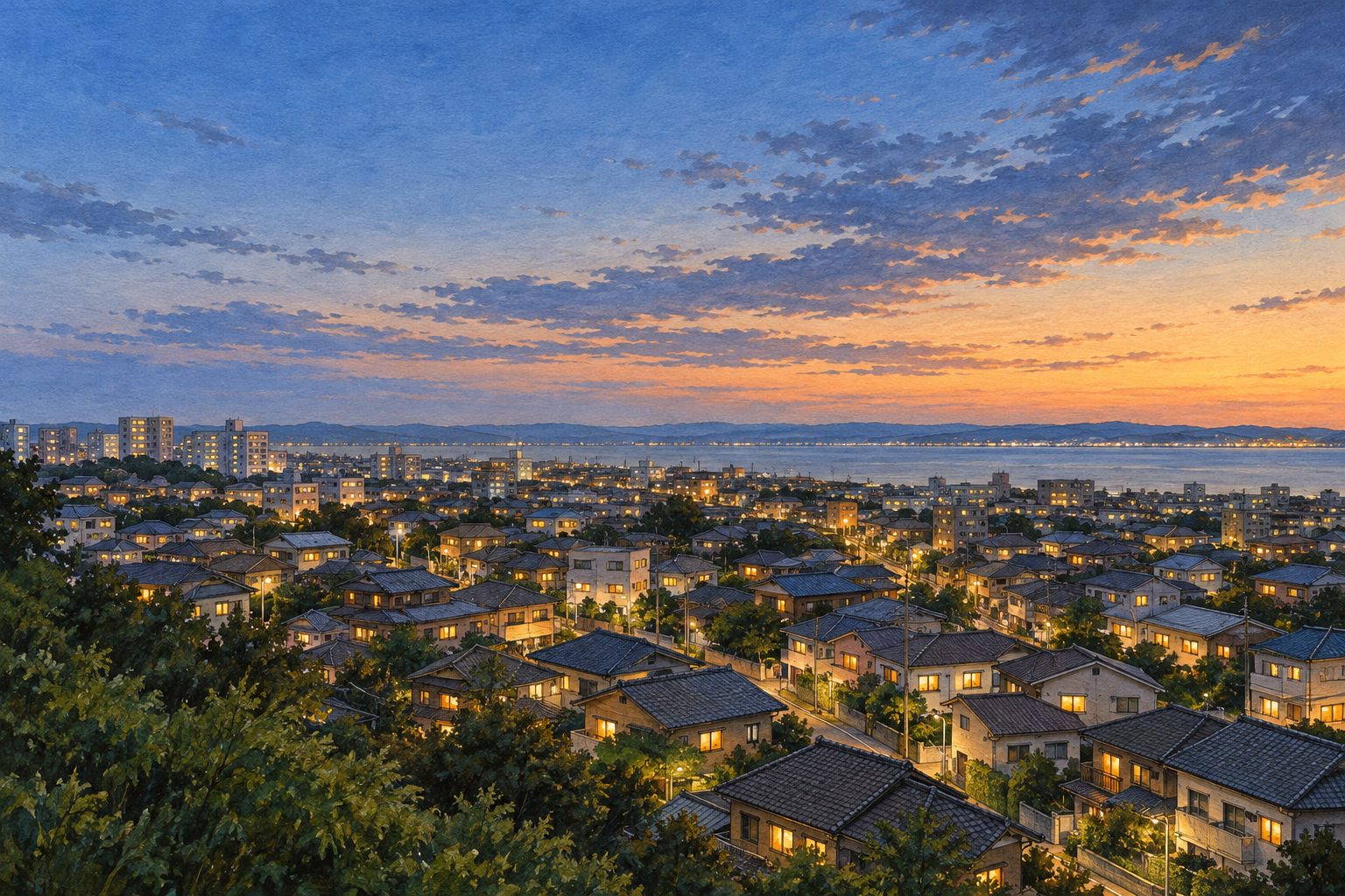 県公式の太田山公園からの夜景写真を参考に、木更津の町を思わせる屋根と小さな明かりを夕空の下に描いた創作イラスト。湾や山並み・道と建物の配置も創作で、実景写真や正確な地図、現在の営業・交通状況、Bämの拠点を示すものではありません。