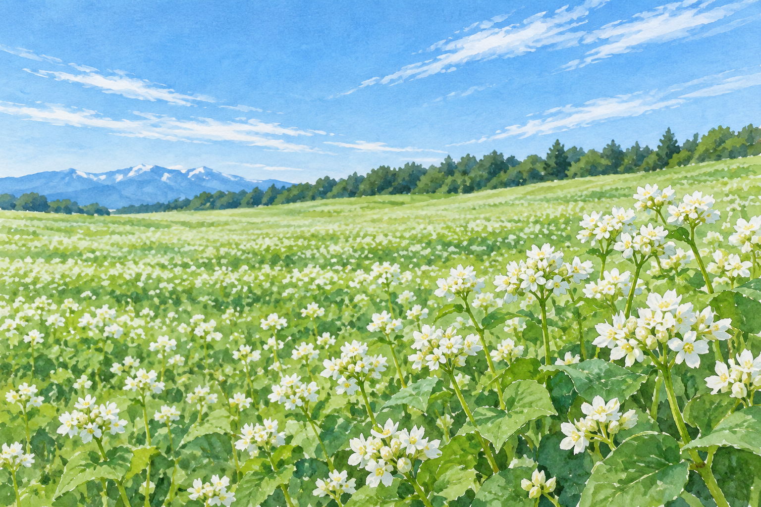 木曽町の開田高原の景観をモチーフに、白い小さな花が咲く畑と緑の木立、遠くの白い山並みと薄雲を別構図で描いた創作イラスト。花や山の形と配置は創作と簡略化を含み、特定の農地や現在の開花・積雪を示す写真ではありません
