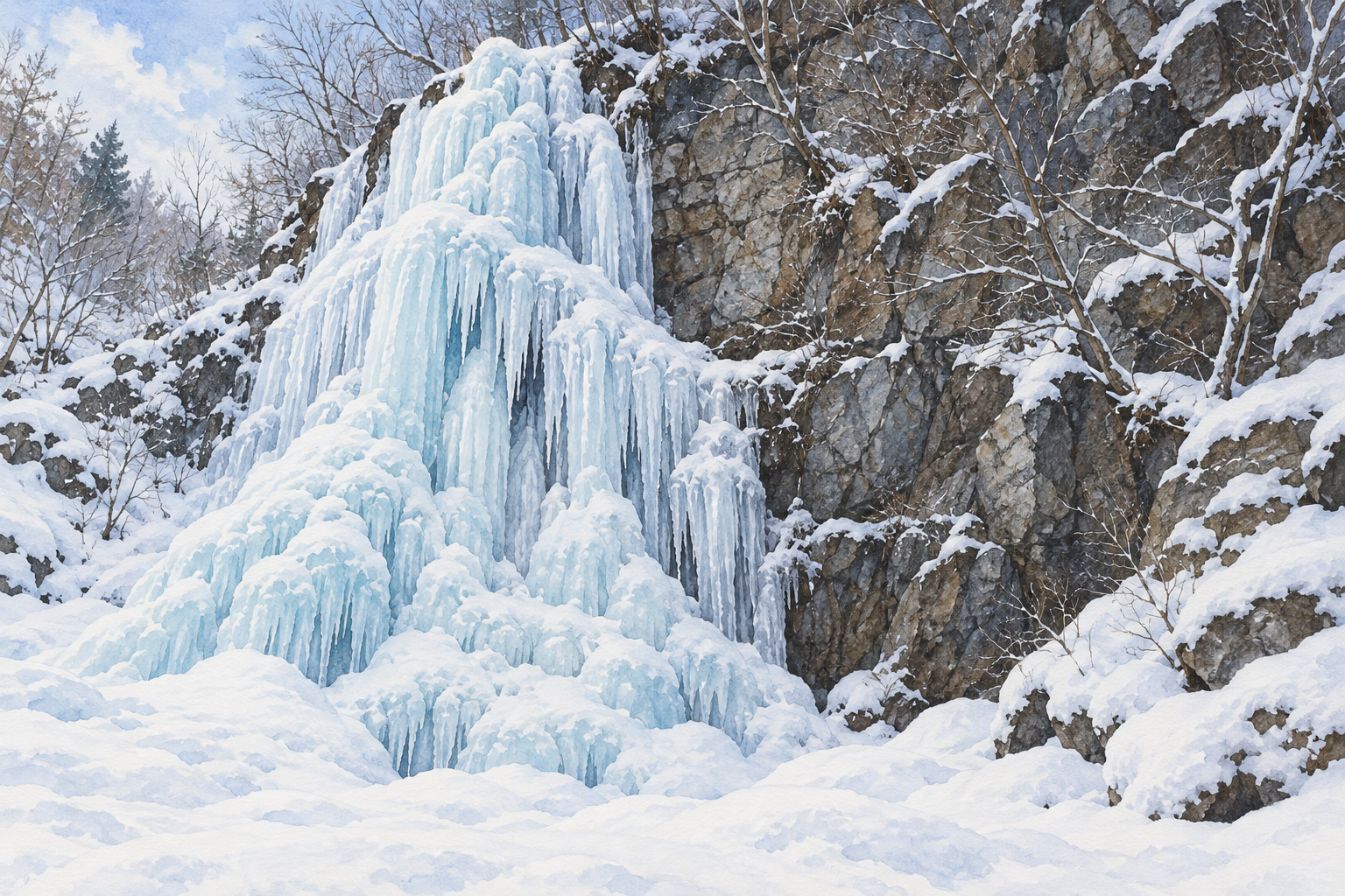 北相木村の三滝の氷景をモチーフに、淡い青白の氷柱、岩壁と冬の木々を別構図で描いた創作イラスト。氷や岩・木の形と配置は創作と簡略化を含み、正確な地形や現在の結氷・天候、氷の状態や冬の通行・登攀の安全を示す写真ではありません