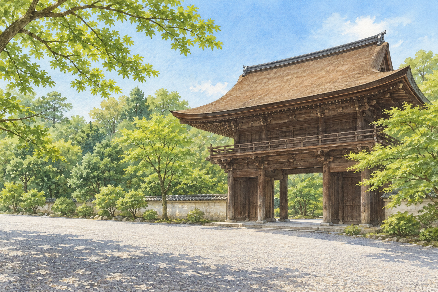 北方町の円鏡寺をモチーフに、右側の茶色い屋根の木の門、左に開けた砂利の庭と緑の木々を描いた創作イラスト