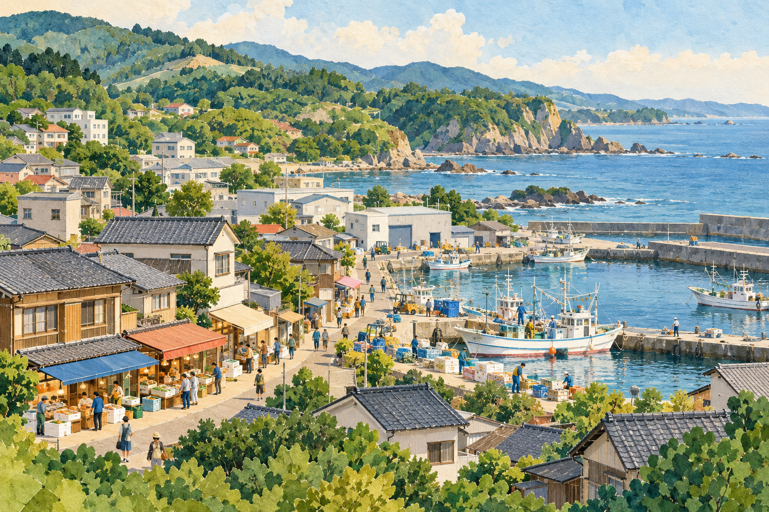北茨城市の海辺と漁港、緑の丘、町の工場やお店をイメージした創作イラスト。実在の工場・店舗・漁港・六角堂・美術館・歴史建築の実景や、Bämの拠点ではありません。