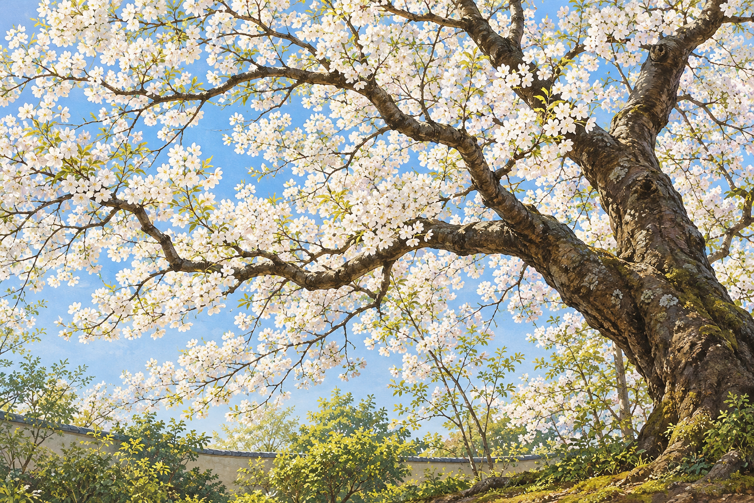 北本市の景観資料を参考に、白い桜の花と枝が青空に広がる春の風景を描いた創作イラスト。実景写真ではありません。