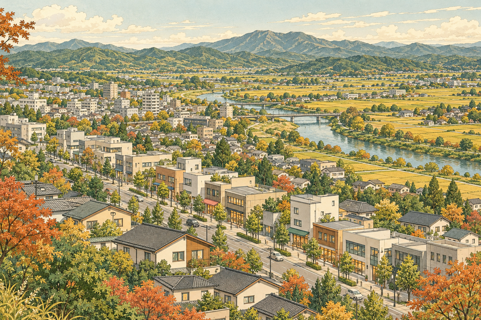郡山市の開けた市街地、小さな店と事業所、川や田畑、遠くの山並みをイメージした創作イラスト。特定の街路の実景、実在の企業やBämの拠点ではありません。
