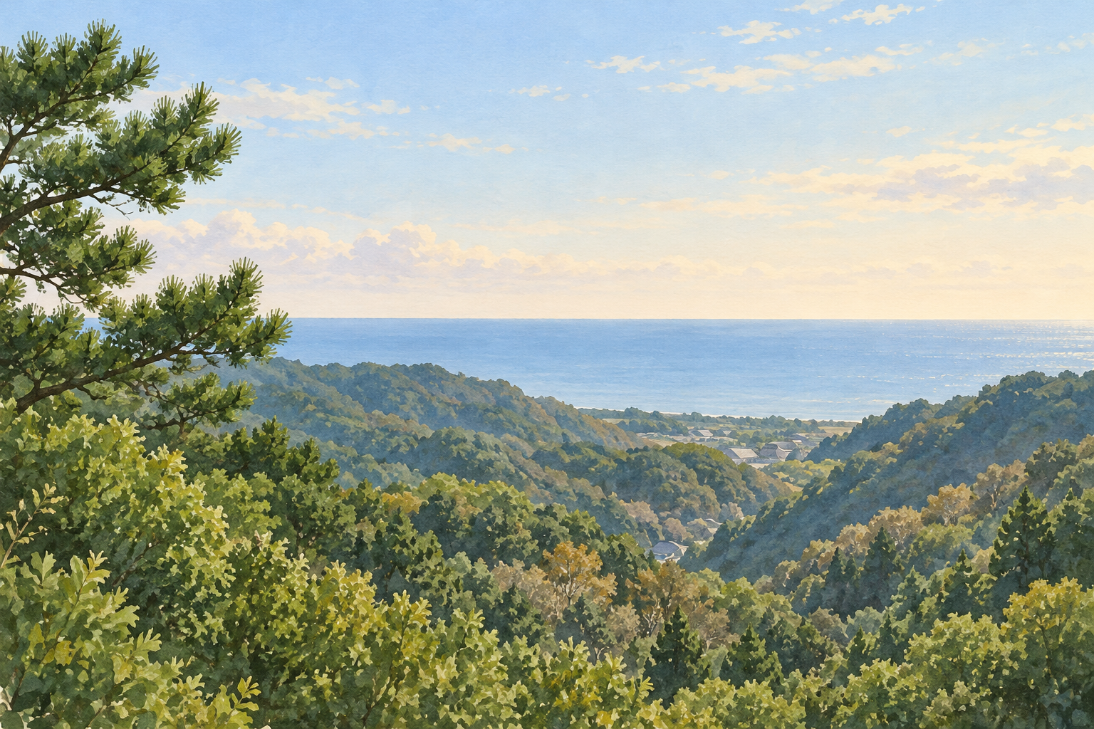 静岡県公式の湖西市白須賀・潮見晴嵐の写真をモチーフに、草木に覆われた低い丘の間から遠くの海を望む情景を別構図で描いた創作イラスト。正確な建物や道の配置、現在の眺望や通行の状態を示す写真ではありません