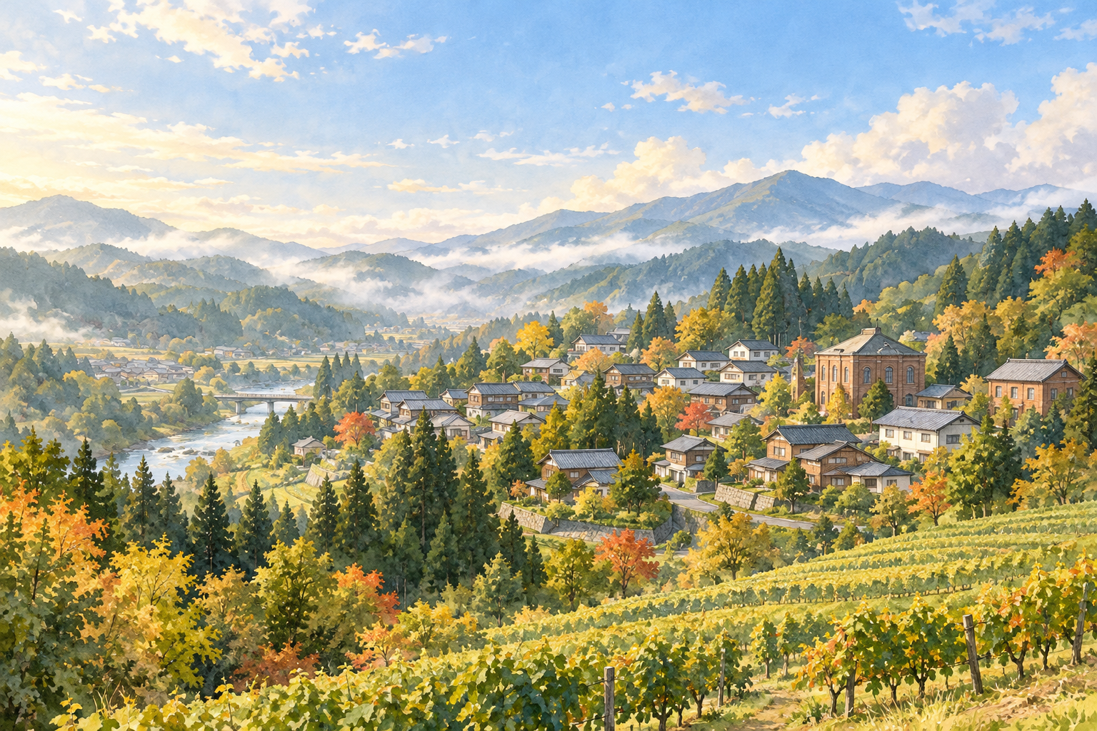 小坂町の森と丘陵、町並みや栽培地をイメージした創作イラスト。実在の製錬所・ワイナリー・鉄道施設やBämの拠点を描いたものではありません。