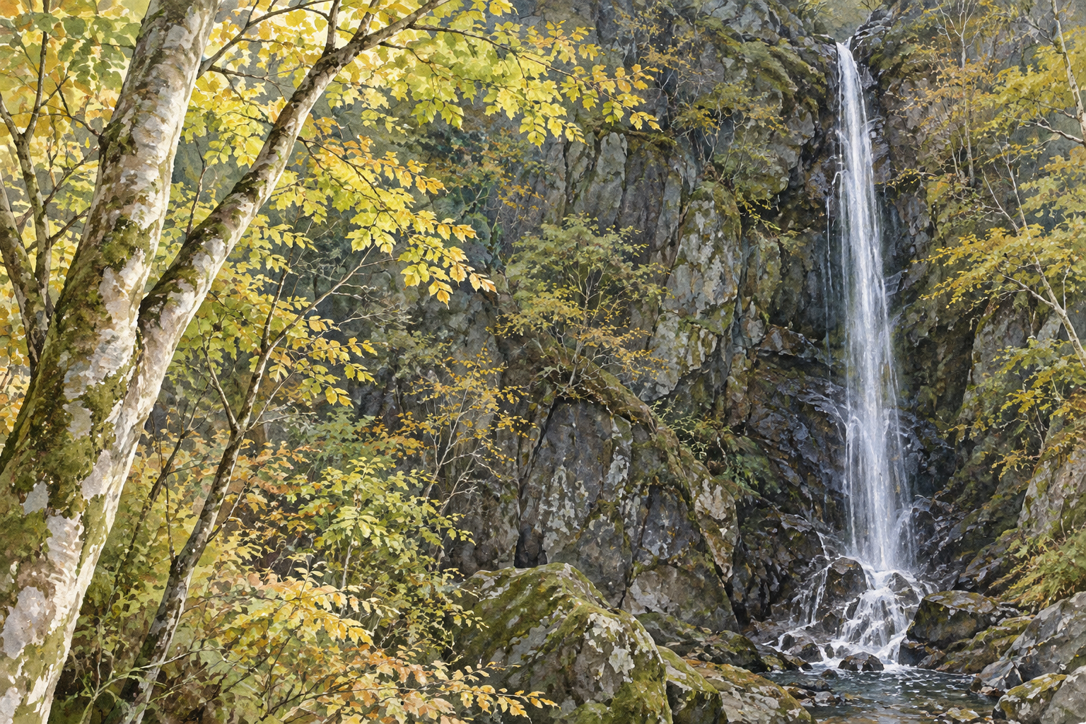 県公式の小菅村・白糸の滝の写真をモチーフに、岩壁から細く落ちる滝と黄緑の葉、近い幹や岩を別の構図で描く創作イラスト。木や岩の形は創作と簡略化を含み、現在の紅葉・流量や立入・安全を示す写真ではありません