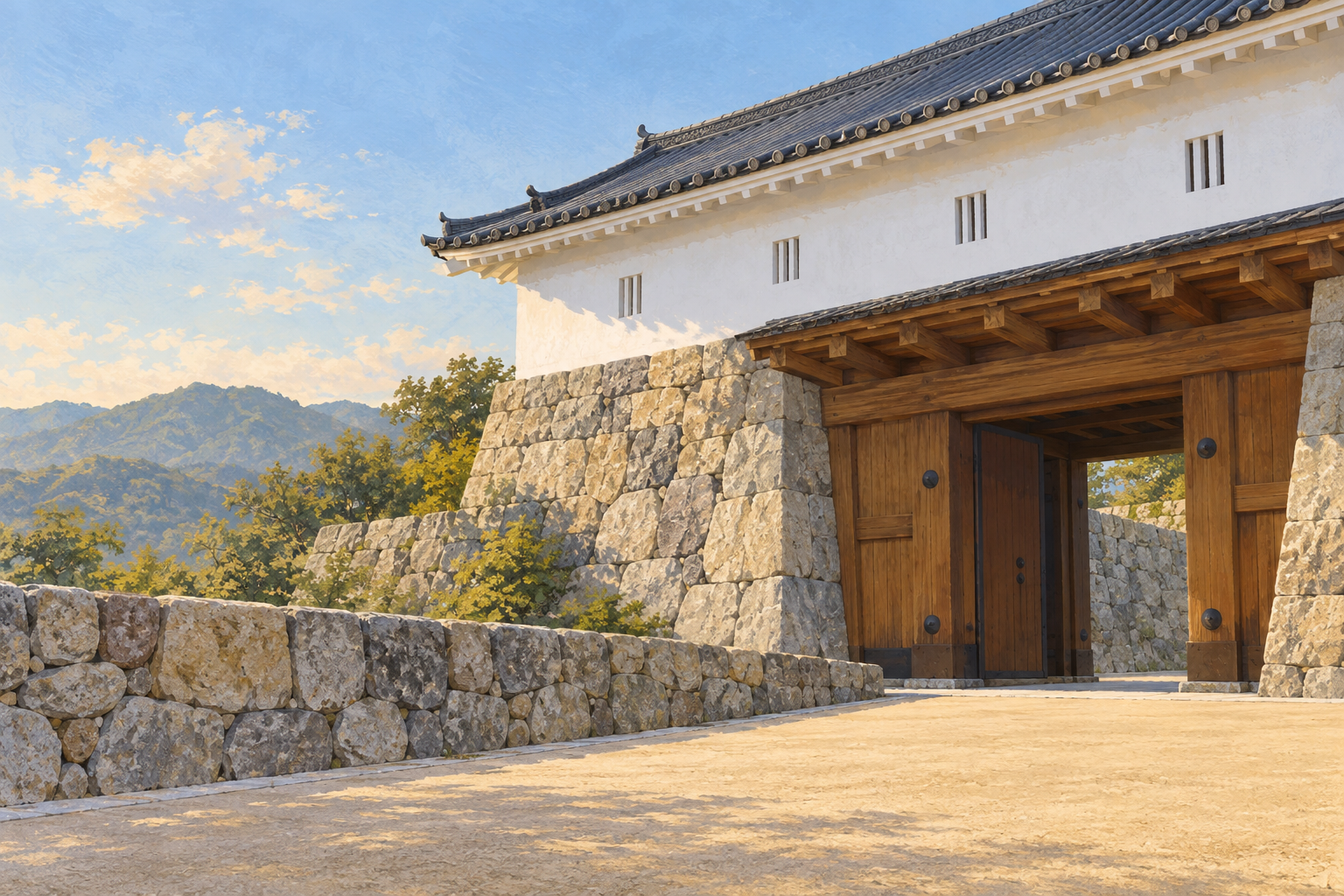 甲府市の山手御門の公式観光写真をモチーフに、白壁と瓦屋根、木の門と石垣を斜めから描く創作イラスト。建物や石垣の形・配置は創作と簡略化を含み、正確な建築や現在の設備・通行を示す写真ではありません