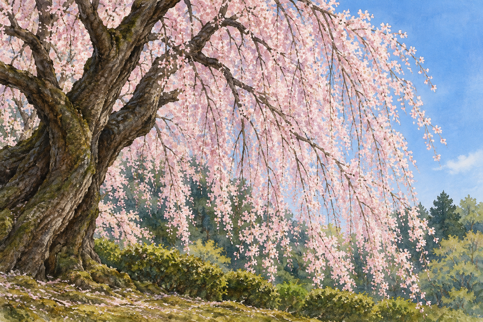 山梨県公式の慈雲寺のイトザクラの写真をモチーフに、太い枝と淡い桃色の花が流れるように垂れる木の姿を描く創作イラスト。枝や花・周囲の配置は創作と簡略化を含み、正確な樹形や現在の開花・樹勢・通行状況を示す写真ではありません