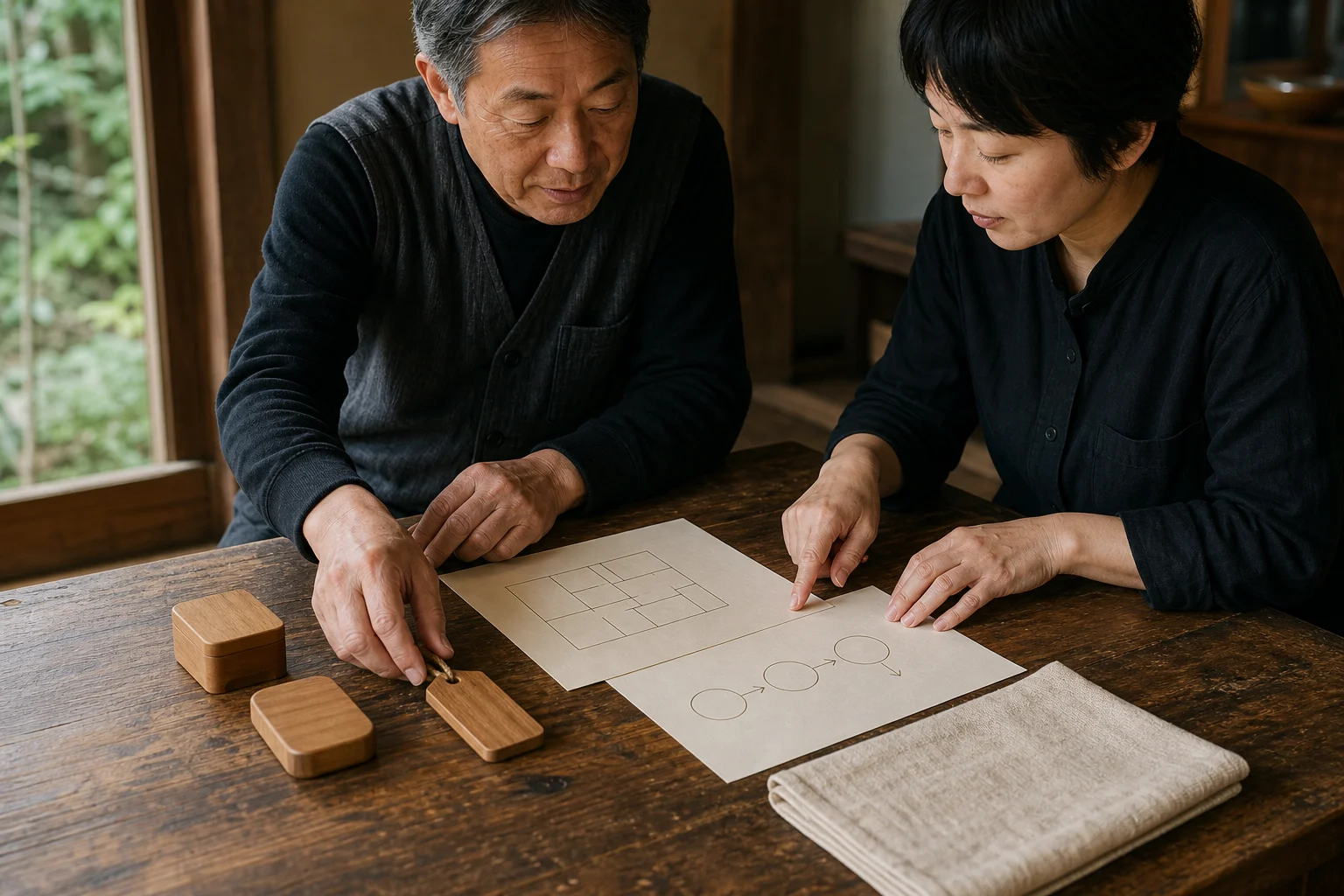 木製品、宿の案内、予約から来訪までの流れを資料で確認する様子