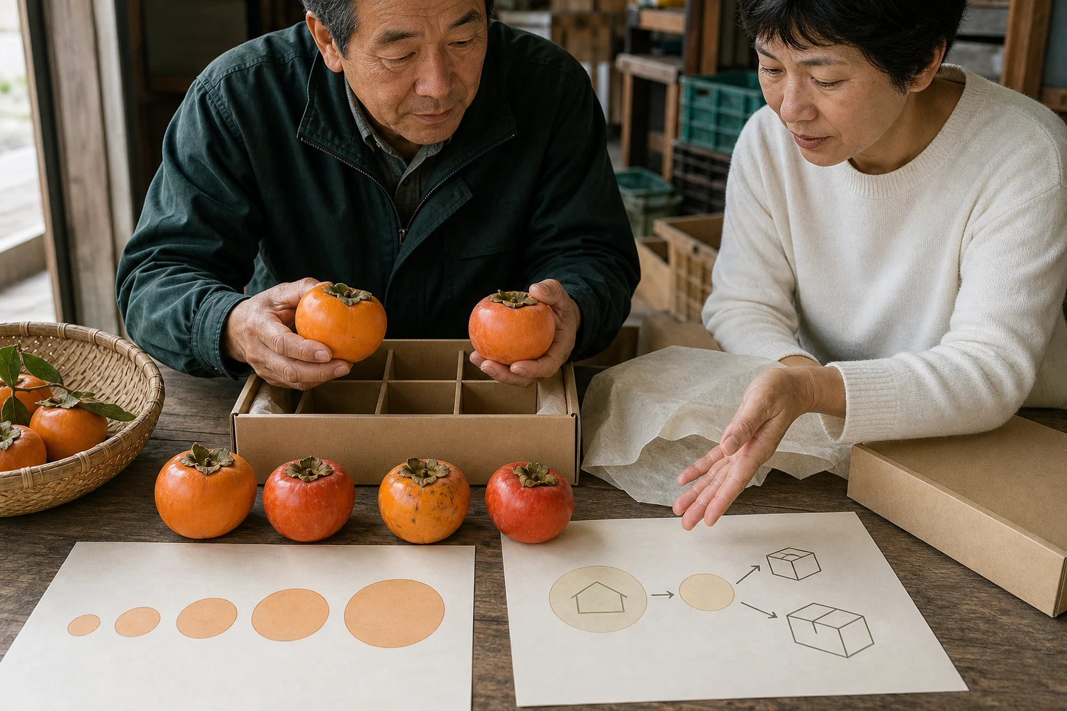 柿の等級、贈答箱、受け取りと発送の流れを資料で確認する様子
