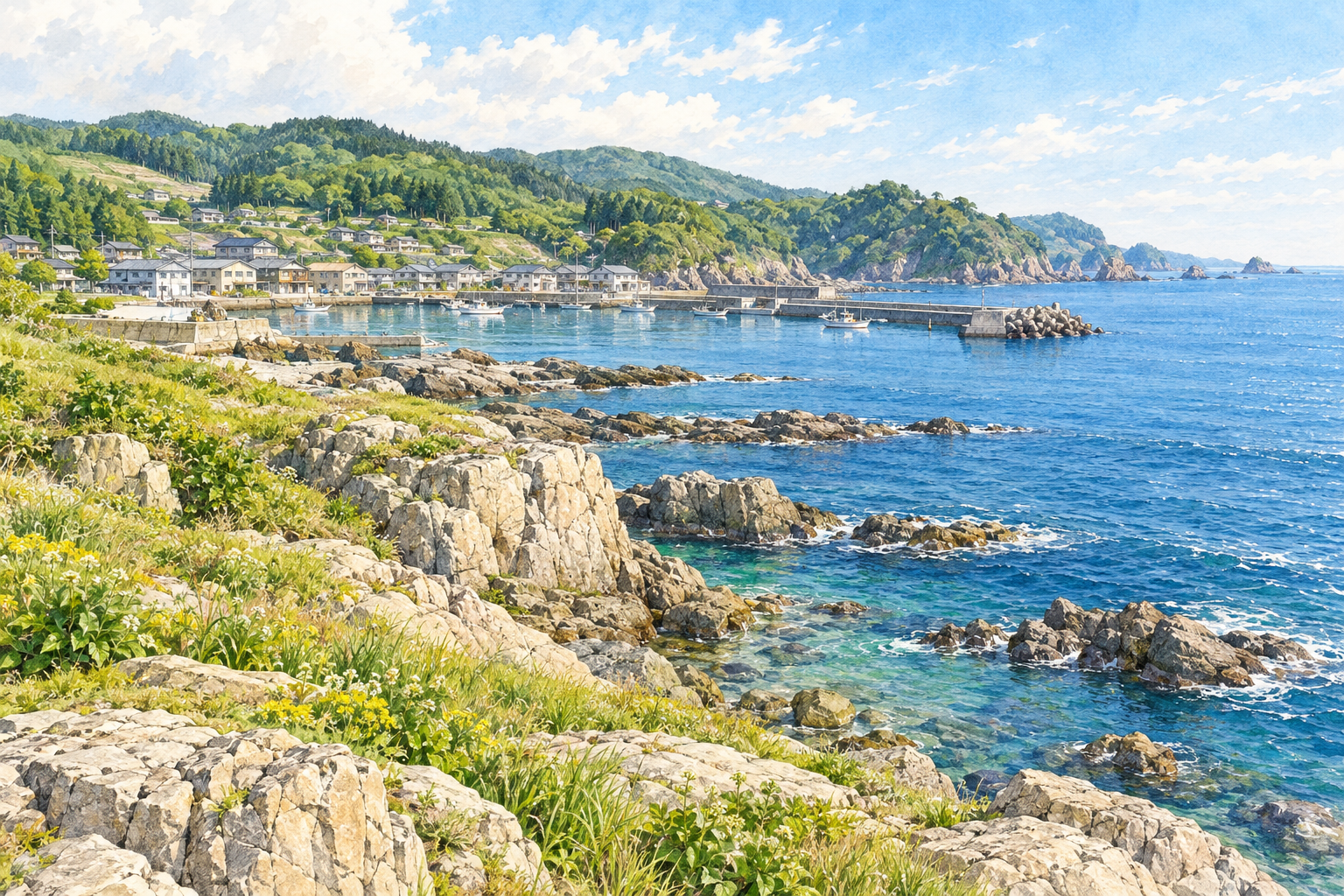 久慈市の海岸と港町をイメージした、岩場と緑の丘・小さな港の架空の風景のイラスト