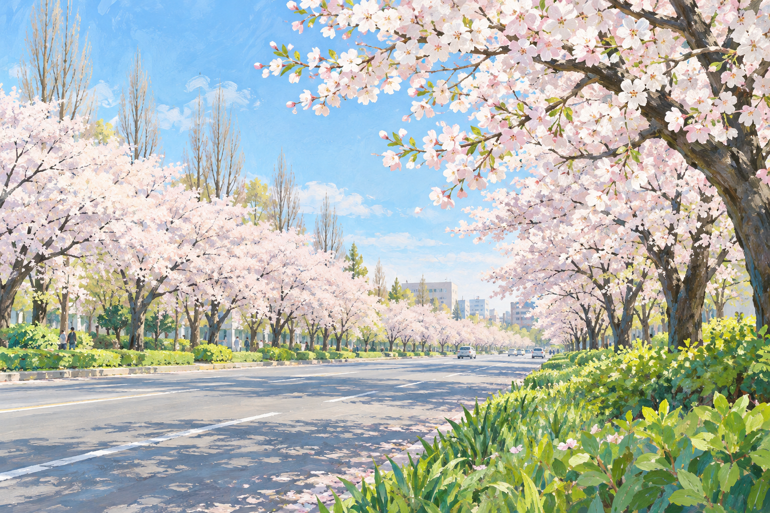 国立市の大学通りをモチーフに、広い道路と緑地帯、春の桜並木を斜めから描いた創作イラスト。現在の開花や交通、正確な道路配置を示す写真ではありません