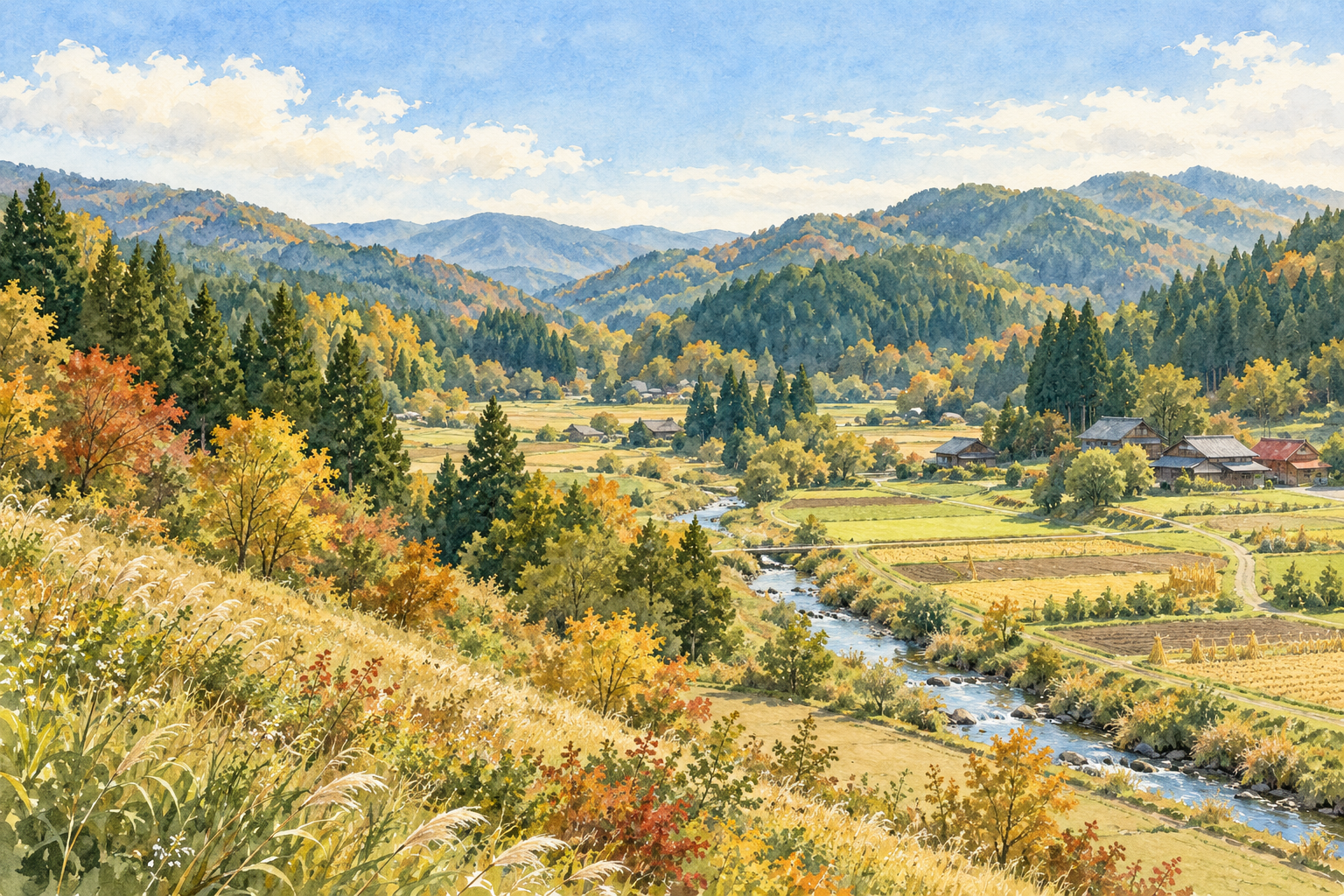 九戸村の里山をイメージした、小川・畑・家々と穏やかな森の丘がある架空の風景のイラスト