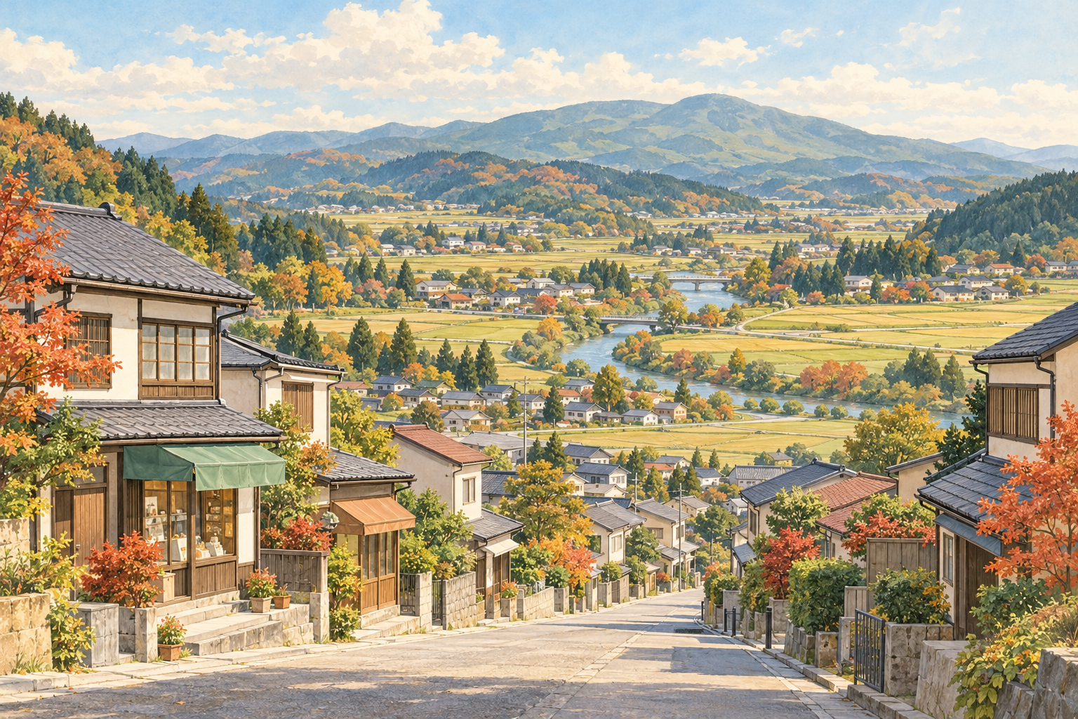 栗原をイメージした、家々と小さなお店が並ぶ坂道、田畑と川、秋色の木々と山並みが広がる架空の風景のイラスト