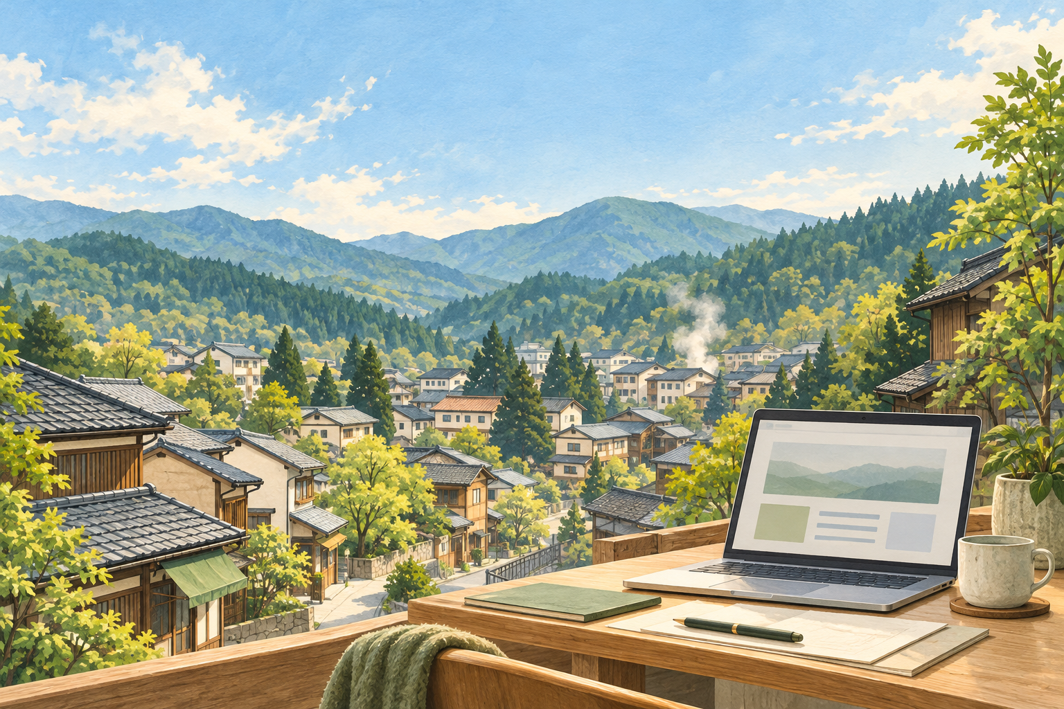 群馬県草津町らしい山あいの町並みと湯けむりを背景に、パソコンと資料を置いた机を描く創作イラスト。実在の会社・施設や特定の場所の実景、Bämの拠点ではありません。